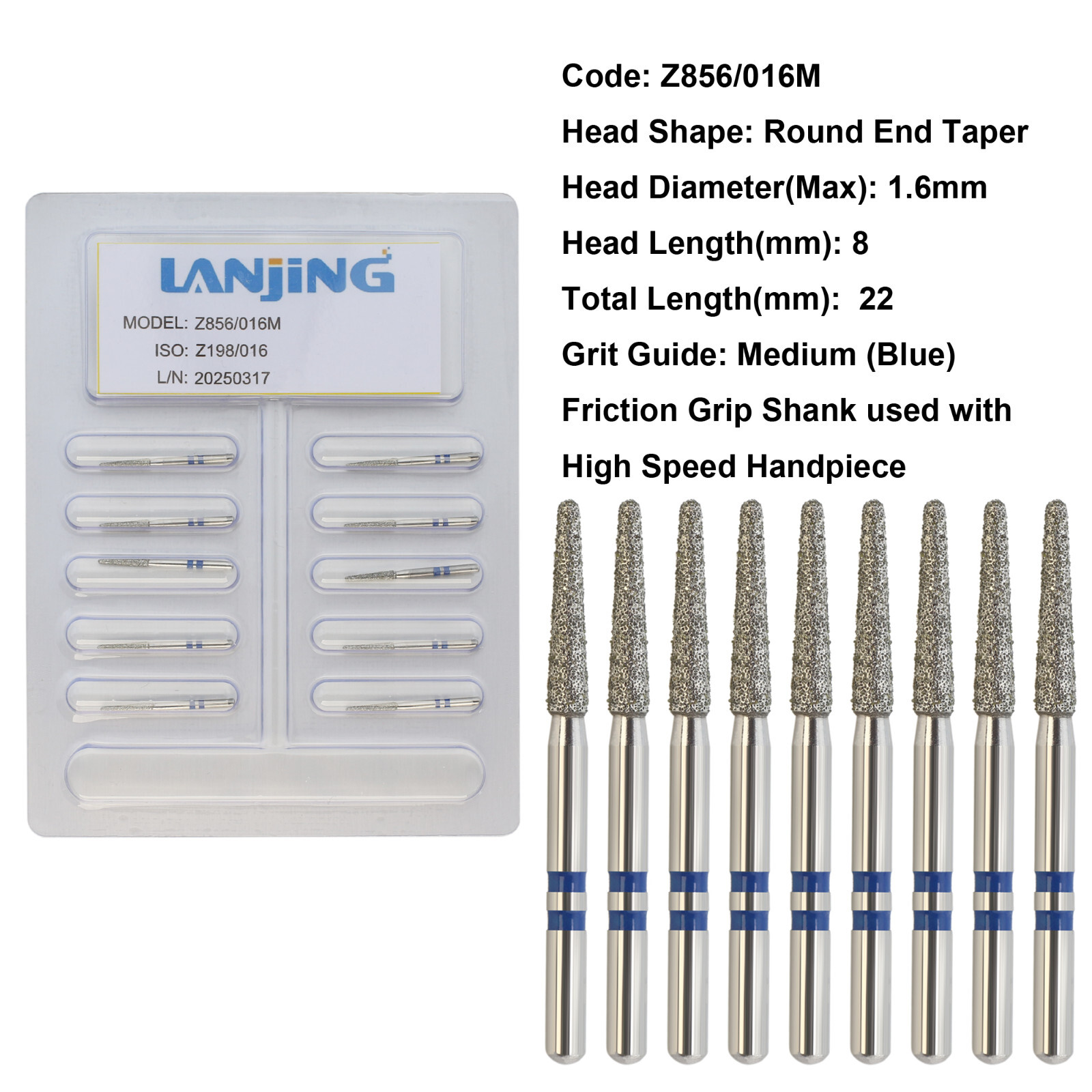 Dental Diamond Burs Round End Taper Zirconia Adjustment FrictionGrip Fine Medium