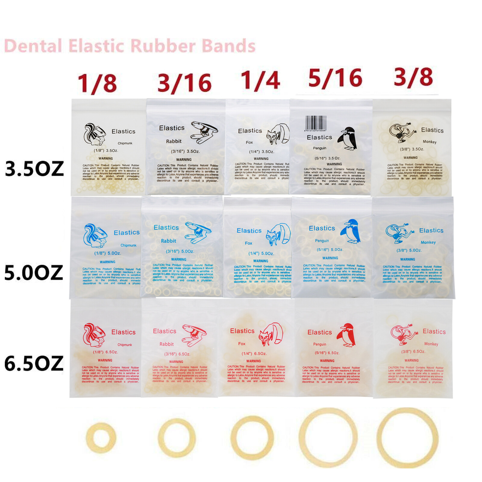 US Dental Orthodontic Rubber Bands 3.5 5.0 6.5OZ Ortho Elastics Latex Braces