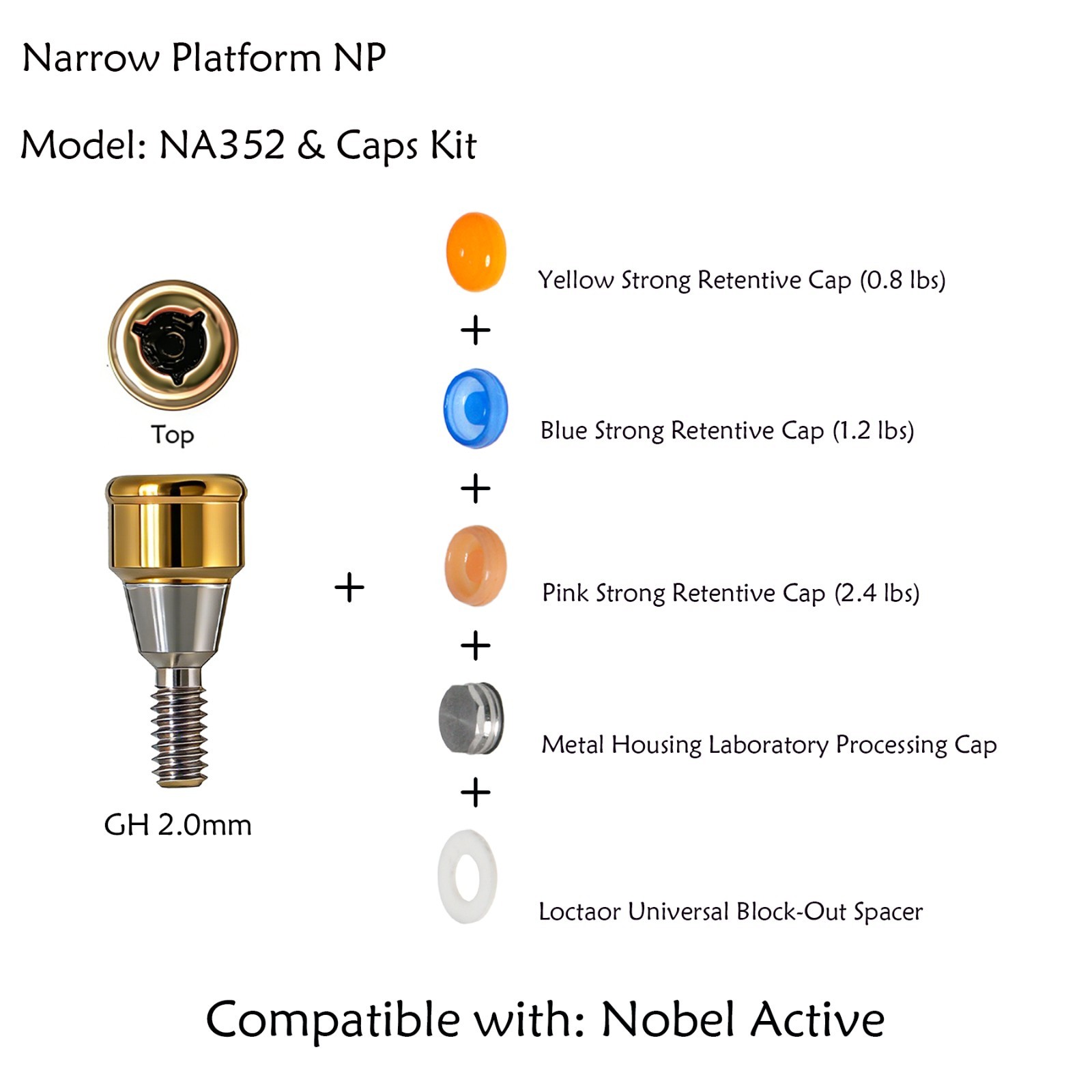 US Nobel Active Locator Overdenture Abutment Narrow Platform NP NA352 & Male Cap