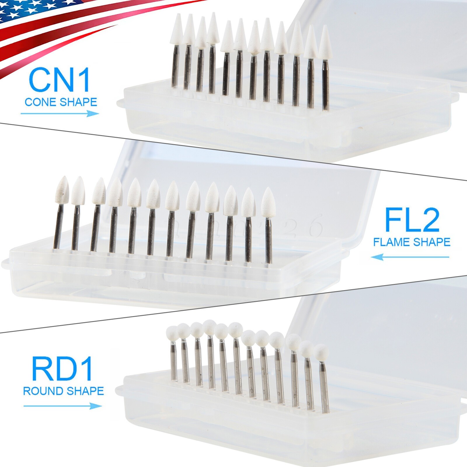 SANDENT Dental Flame Mounted White Stone Polishing Burs FG Abrasion Point Bur
