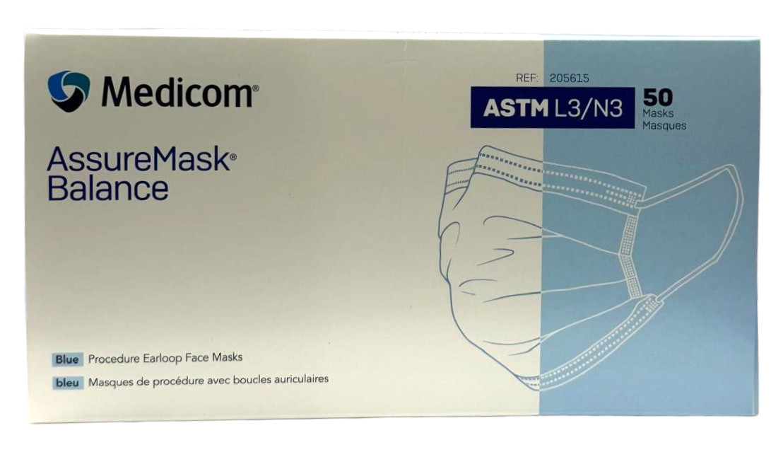 Medicom SafeMask Classic Blue ASTM Level 3 Earloop Dental Surgical Masks 500/Bx