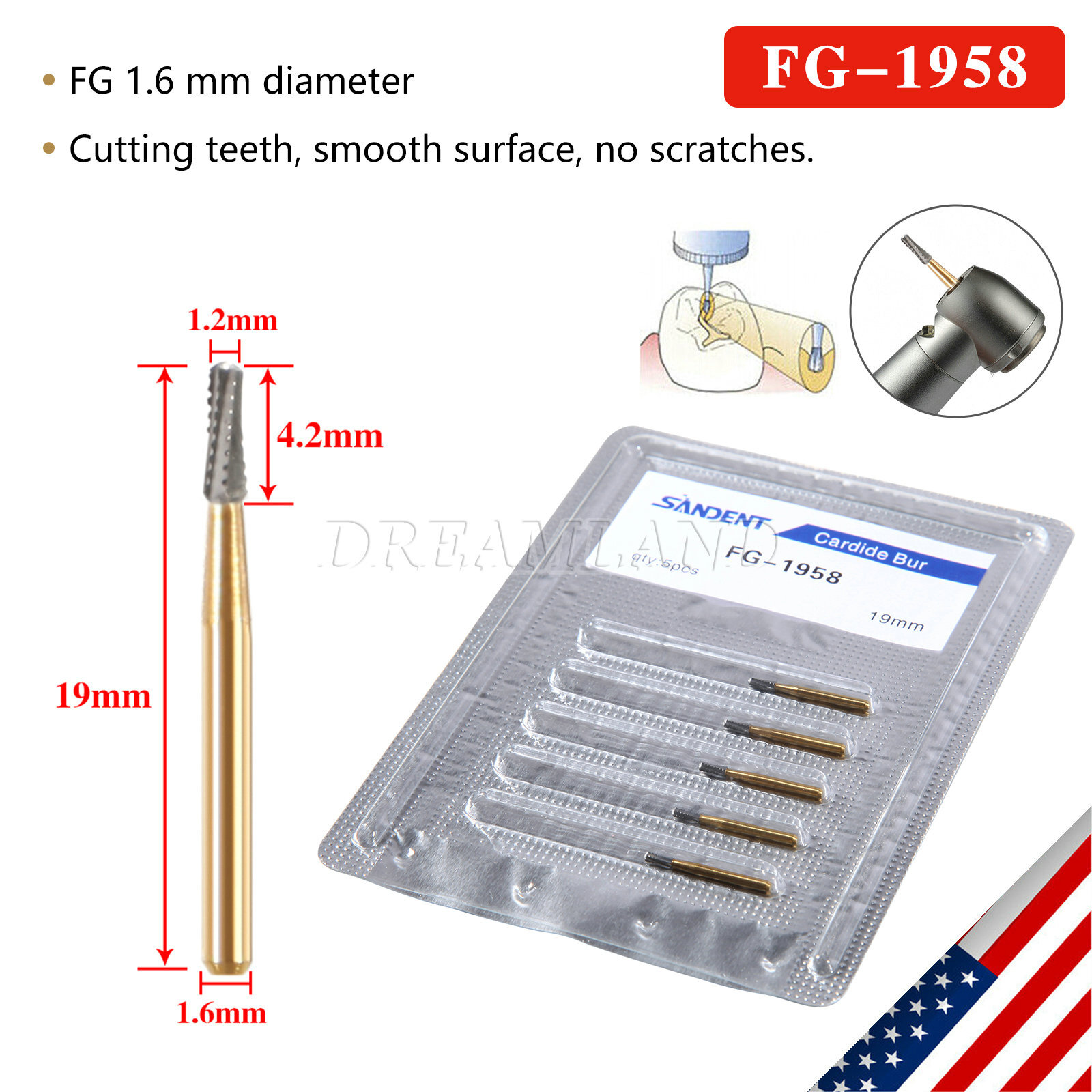 Dental Tungsten Carbide Burs Crown Cutter Transmetal FG 1958 Ø1.2mm
