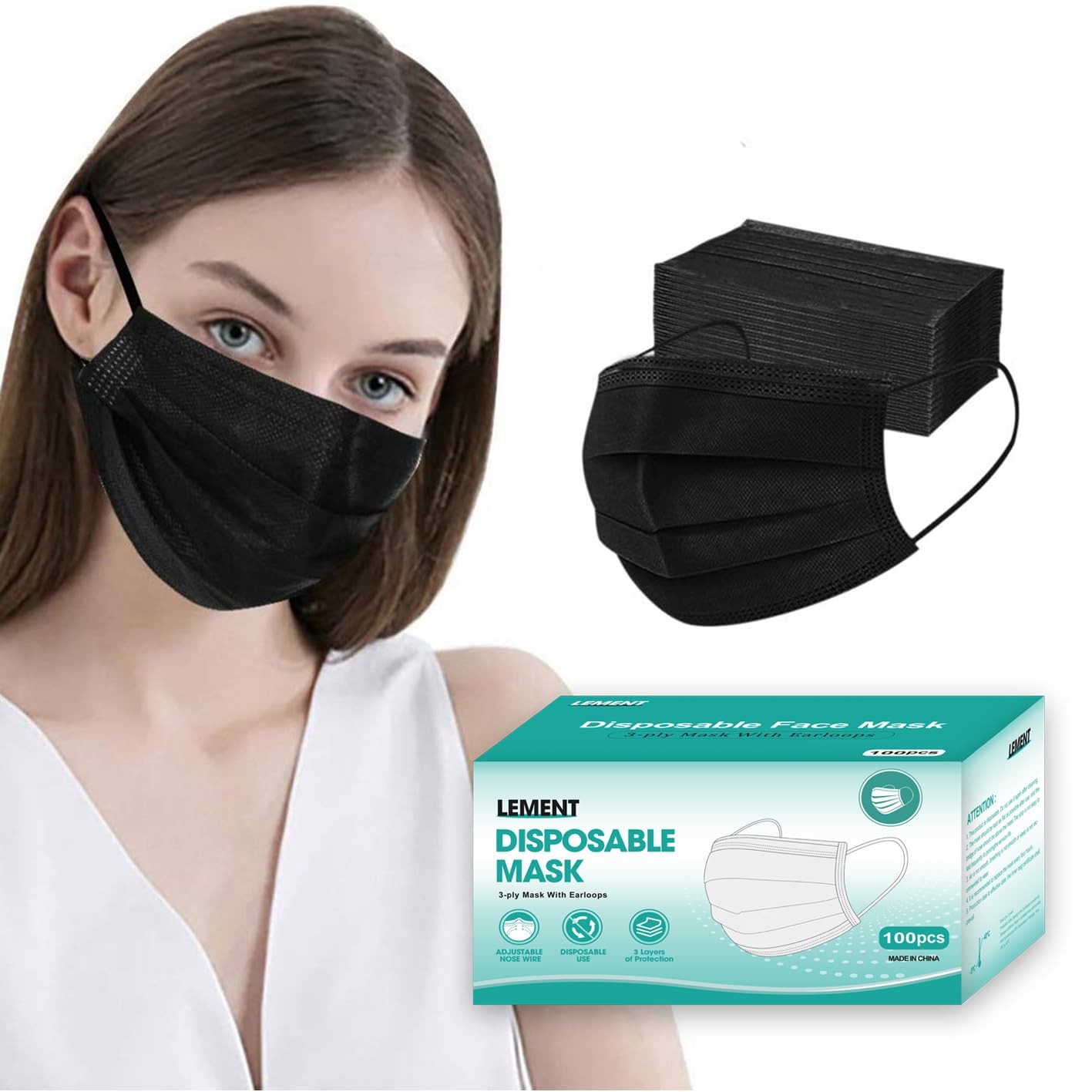 100 Pack Black Disposable Face Masks Non Woven Fabric Adult Safety Mask