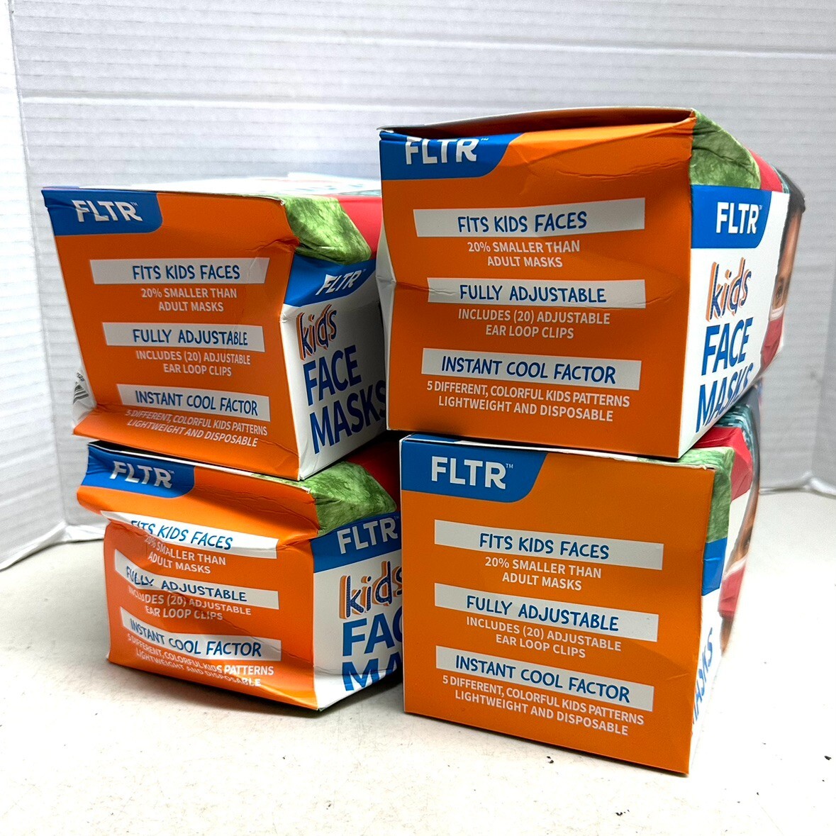 FLTR Kids Face Masks 50 Masks 20 Adjustable Ear Loops – NEW / Damaged Boxes