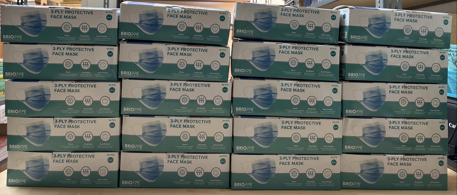 1000 Pack 3 Ply Layer Protective Face Mask Blue Brioppe Open Box—Mask are Sealed