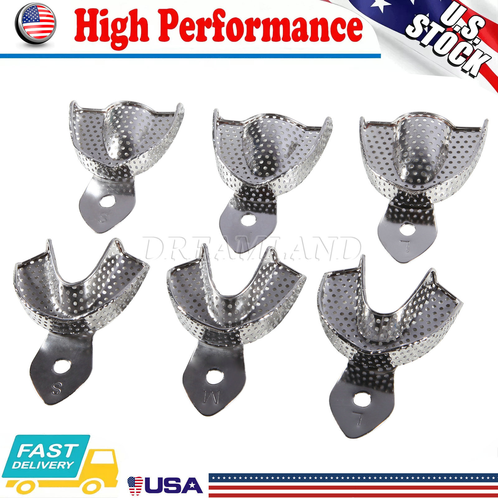 Dental Impression Trays Stainless Steel Perforated 6PC Upper+Lower S/M/L SKYSEA