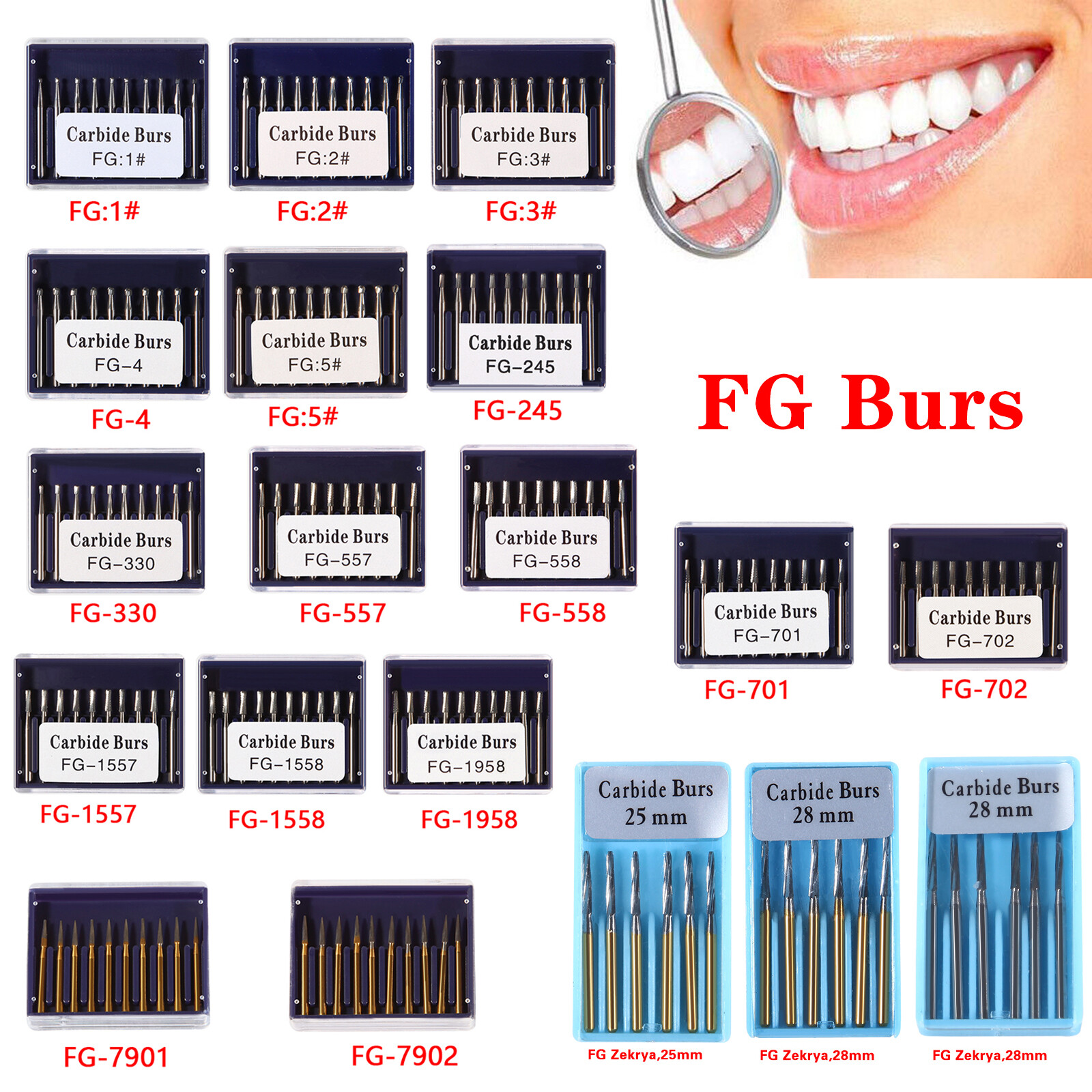 Dental Carbide Burs FG1/2/3/4/5/6/7/8 Round for High Speed Handpiece 10 -100Pcs
