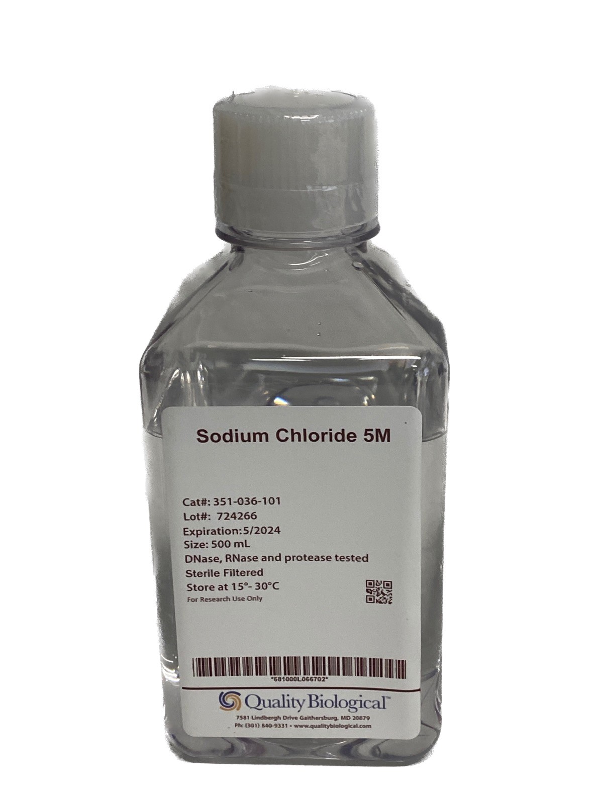 QUALITY BIOLOGICAL 500mL 5M Sodium Chloride Filtered Bottle 351-036-101