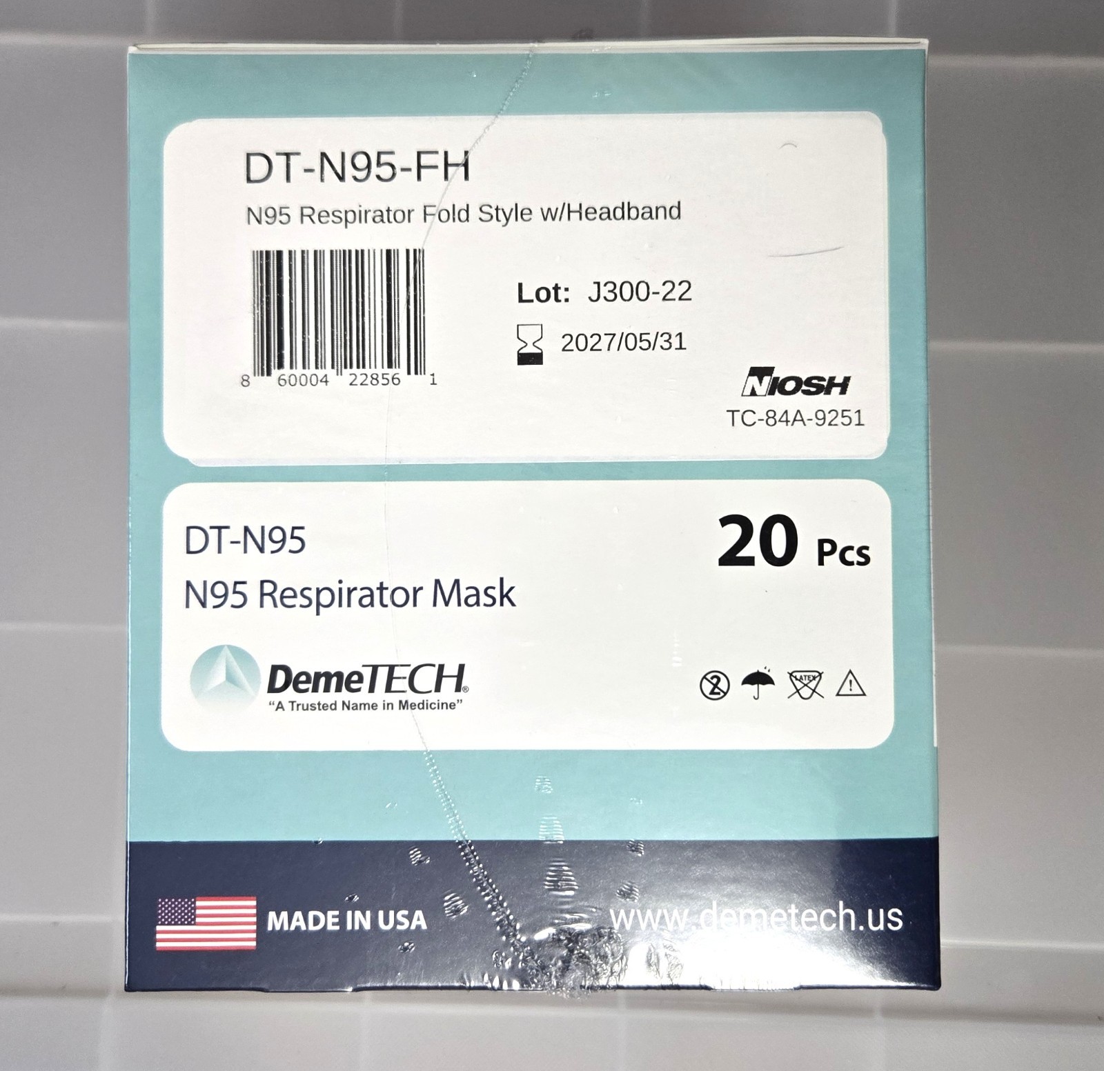 N95 Respirator Mask DemeTECH Cup Style DT-N95 20 Pack 05/2026 Made In USA