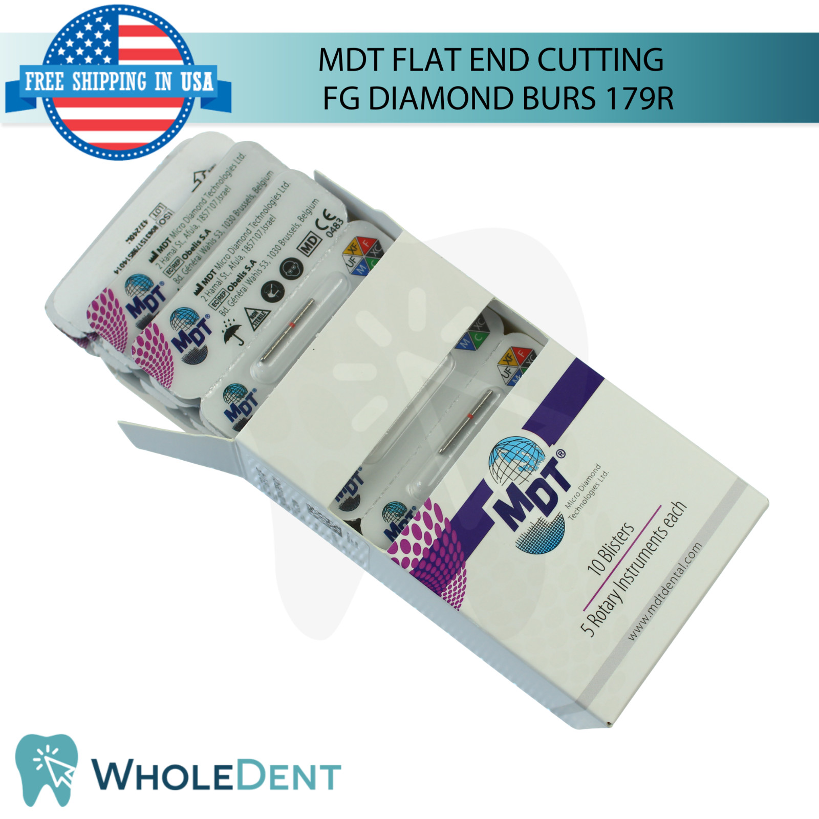 Dental MDT Flat End Cutting 179R FG Diamond Burs Smooth Defined Contours L19.0mm
