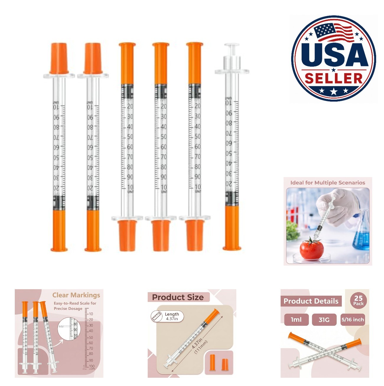 1ml 31G 5/16 Inch 8mm Syringes Box of 100 Individually Wrapped Lab Liquid
