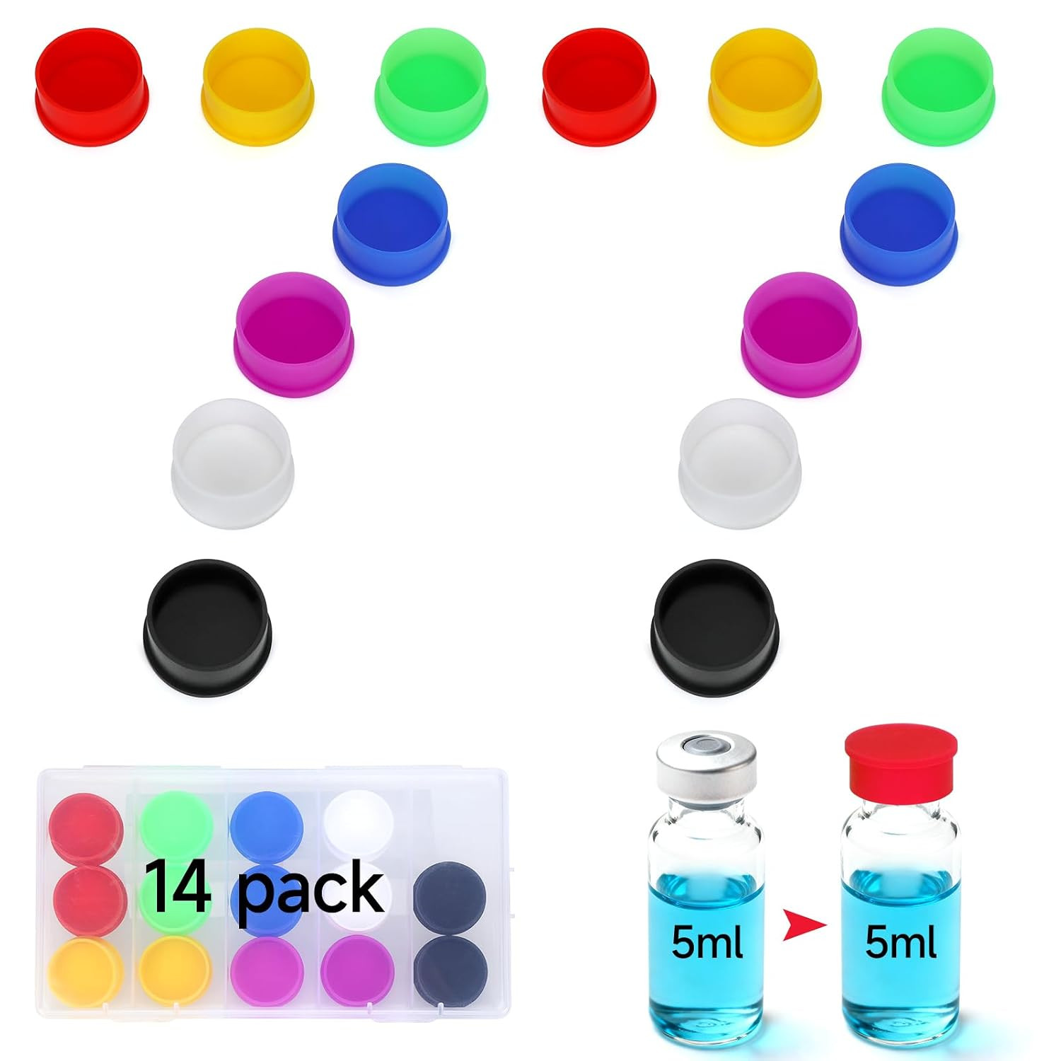 14 Pack 5-100Ml Vial Caps (7 Colors) Peptide Caps for for 5Ml 10Ml 20Ml 30Ml Gla