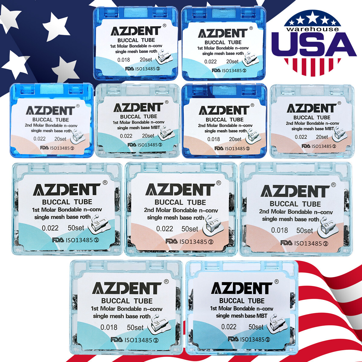 AZDENT Dental Ortho Buccal Tube 1st Molar Roth MBT/Bracket Mini MBT/Roth 018/022