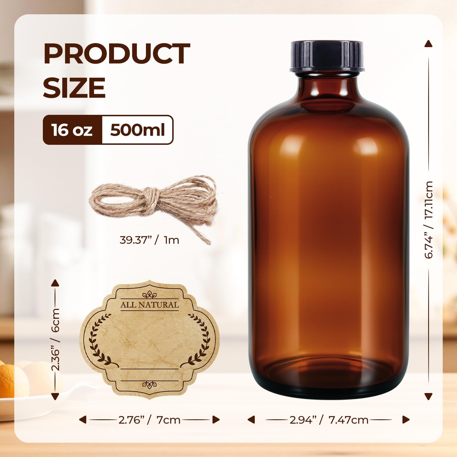 3 Pack,16 OZ Amber Glass Bottles Boston Round Sample Refillable