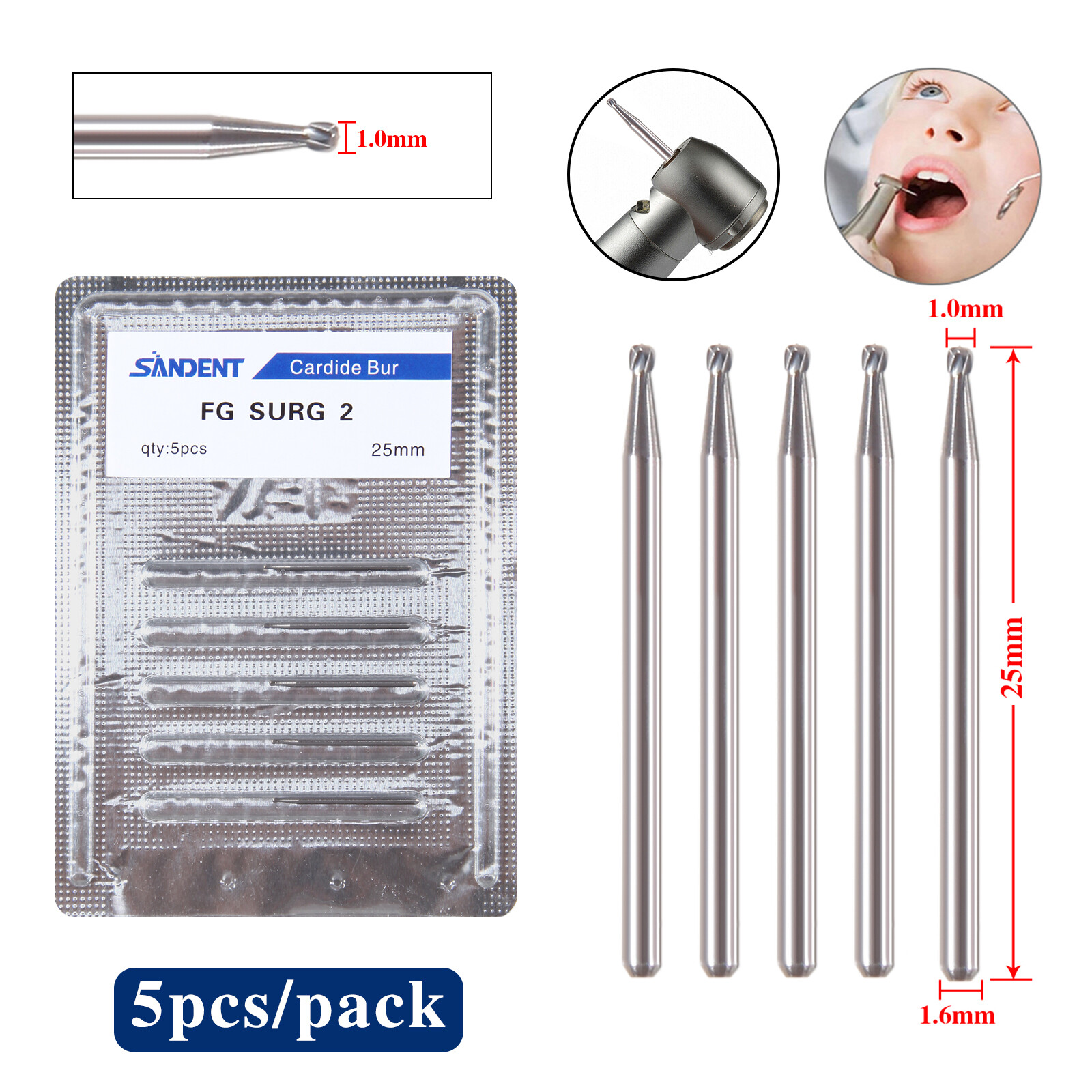 FG SURG 25mm Dental Tungsten Carbide Round Bur Head 1.0mm 1.2mm 1.4mm 1.6mm OR