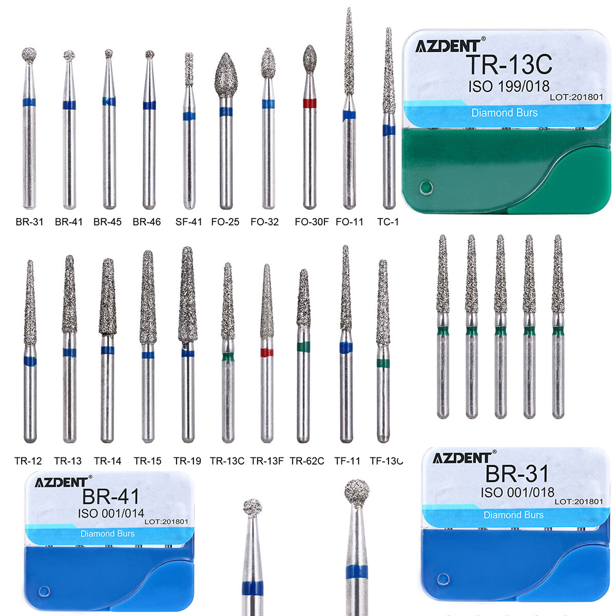 200pcs AZDENT Dental Diamond Burs Medium FG 1.6MM F High Speed Handpiece 20Types