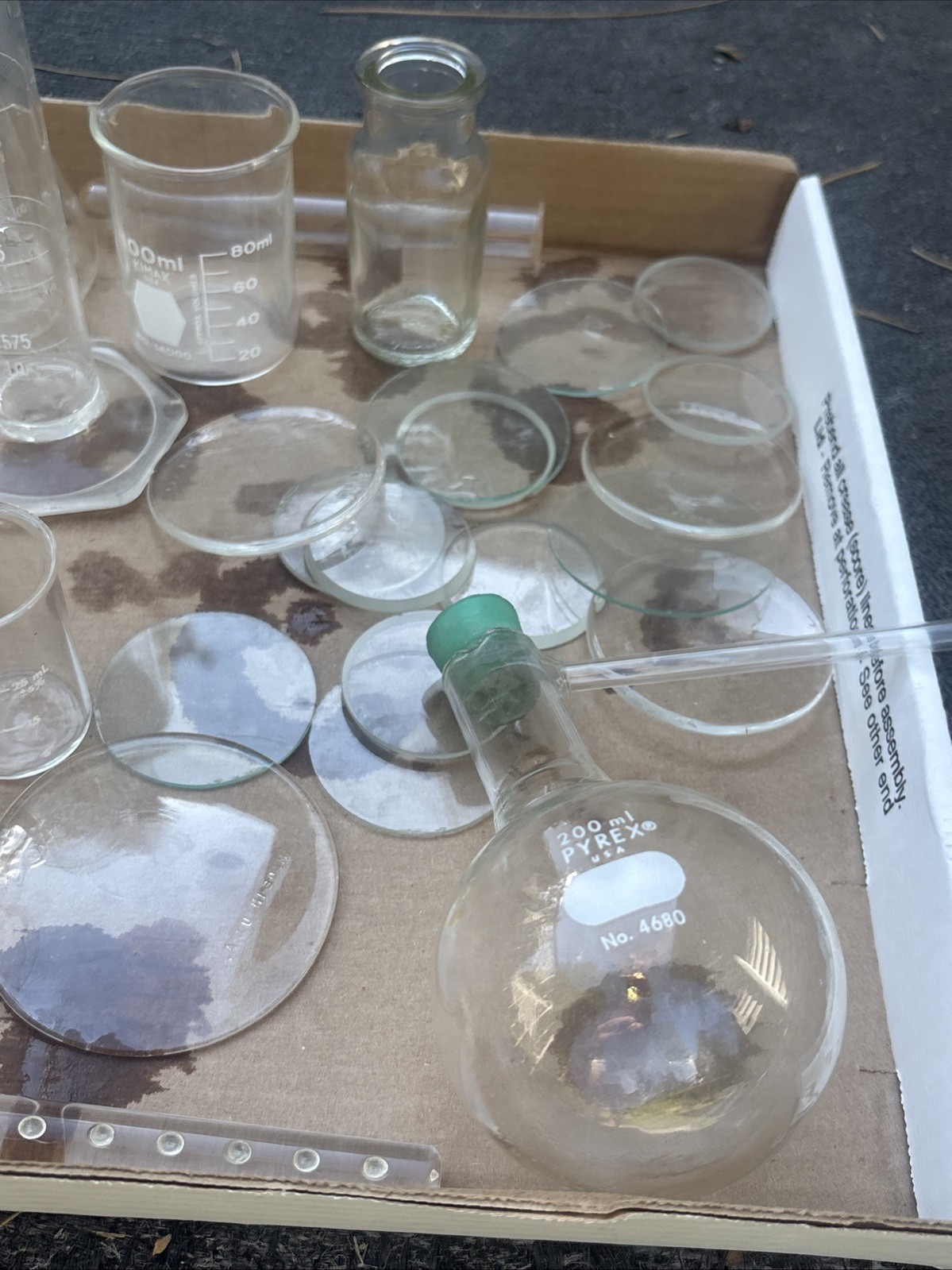 Pyrex & Kimex Glass Vacuum Flasks Beakers Tubes Lids Lab Chemistry Lot
