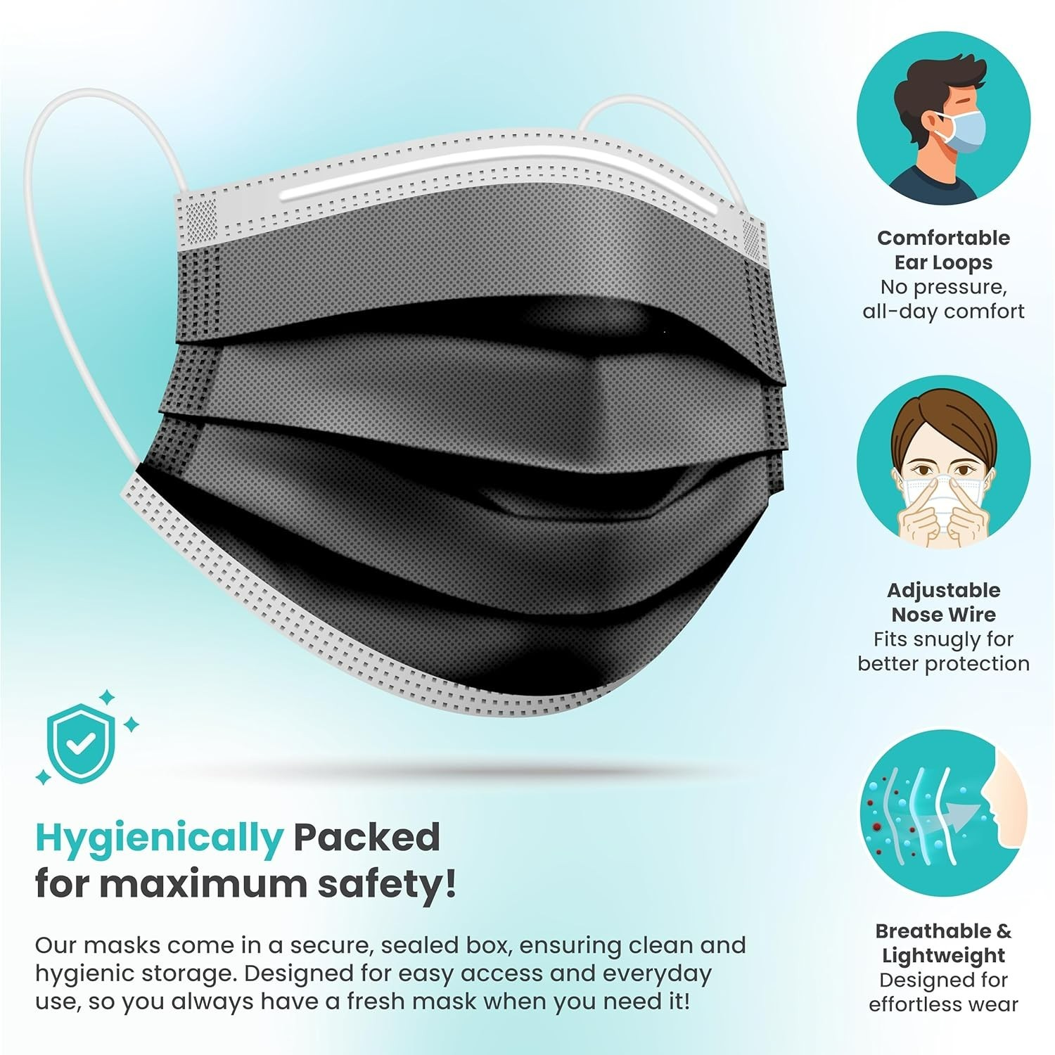 [Pack Of 150] Black Disposable Face Mask, 3-Ply Adult Masks, Facial Cover with E