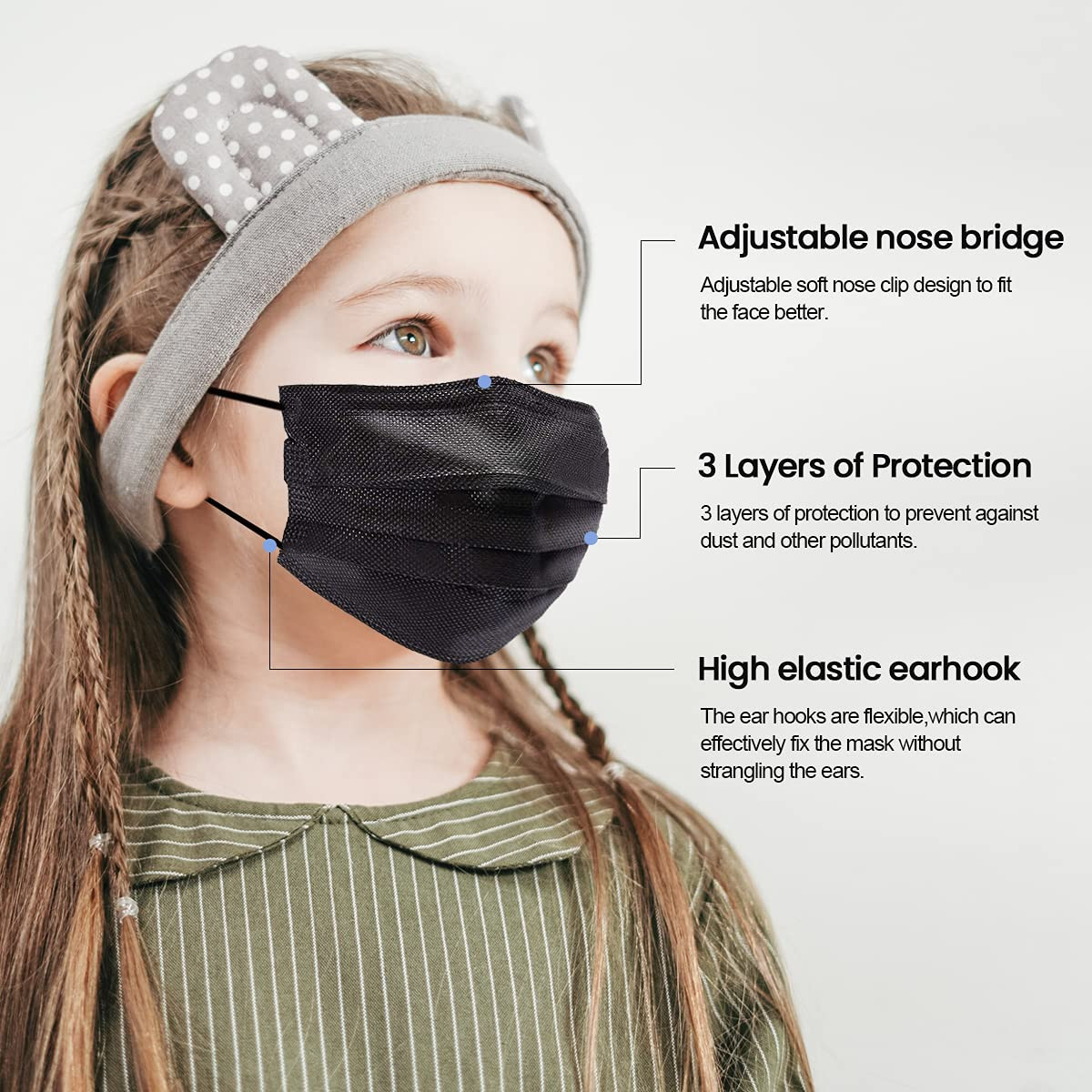 Black Kids Disposable 50-100 Pack Face Masks 3 Ply Dust Mask for Children