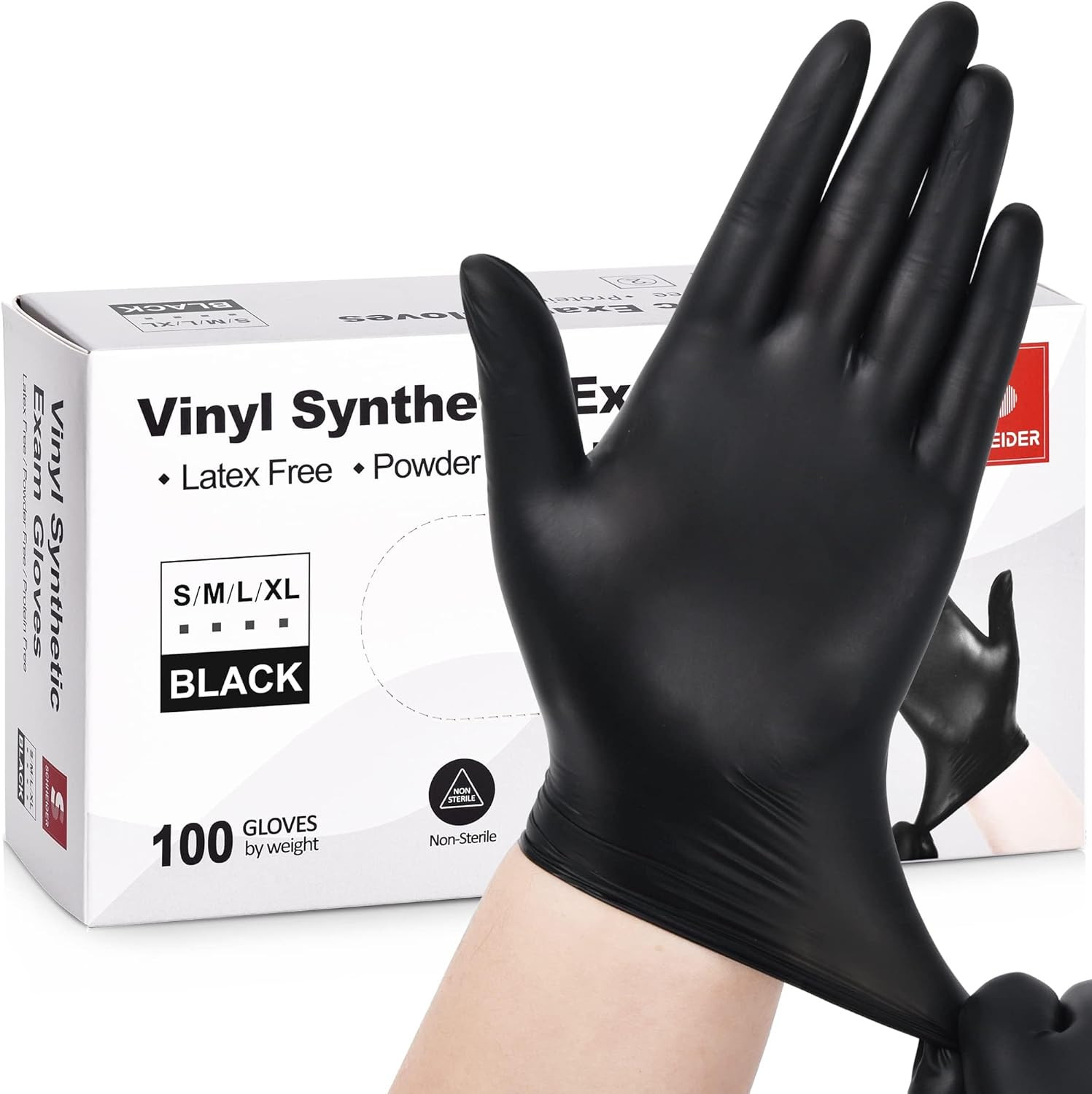 Schneider Black Vinyl Exam Gloves 4 mil Latex & Powder Free 100-Count Box
