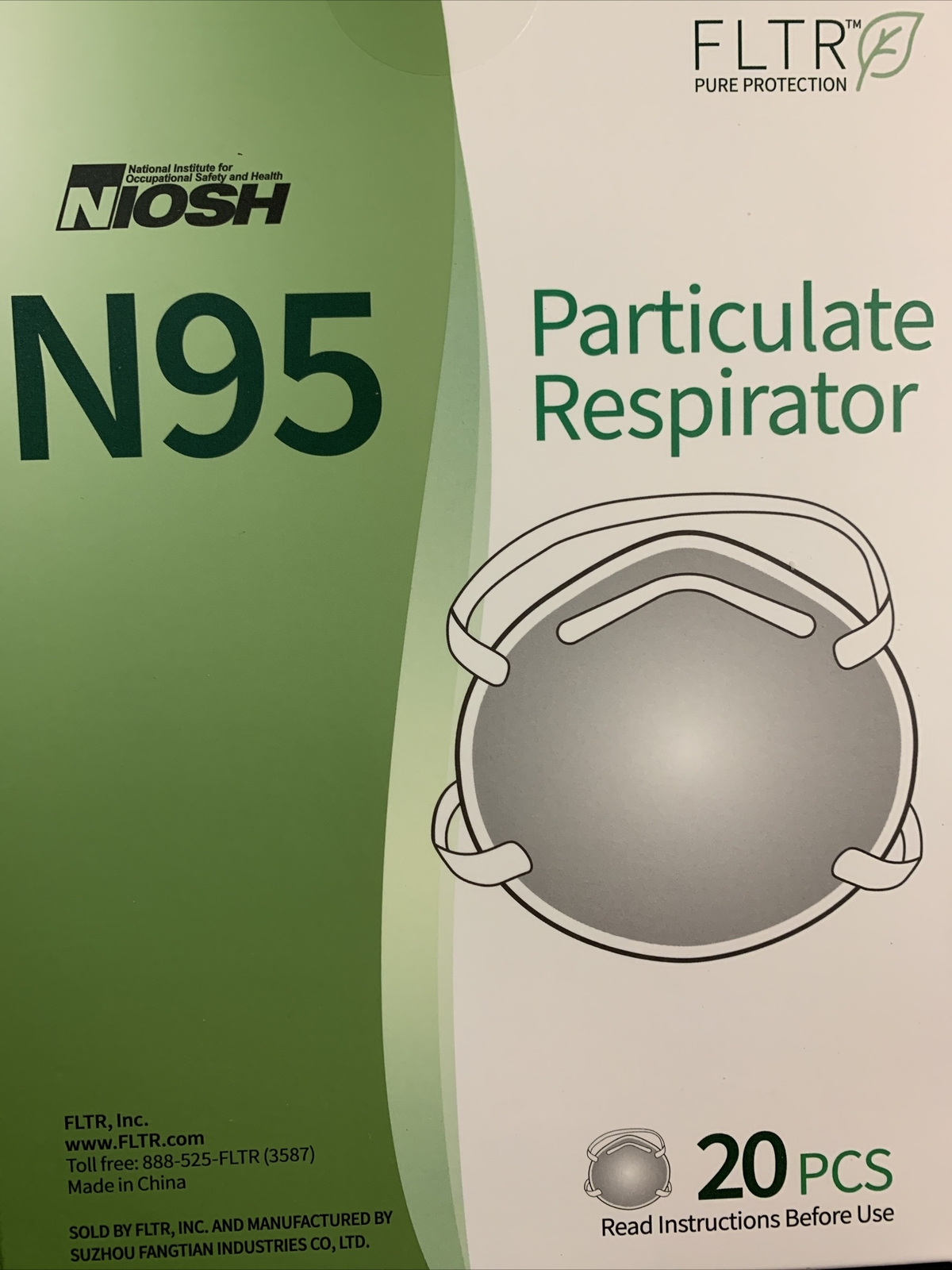 N95 NIOSH Particulate Respirator 20pcs White FLTR Model FT-N010 *See Description