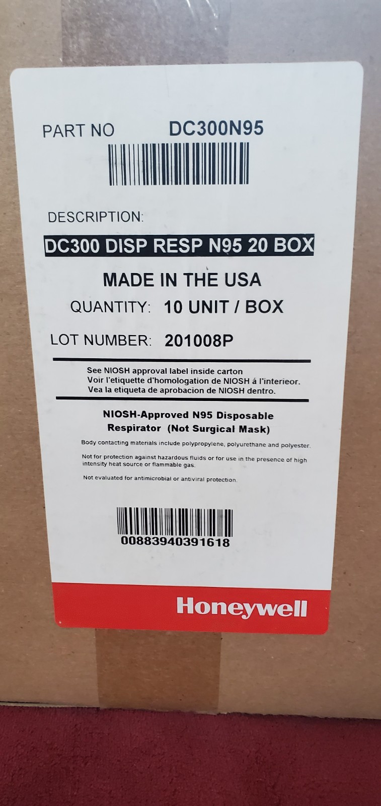 200 Count Honeywell 95N Masks Disposable Particulate Respirators DC300N95 NIB