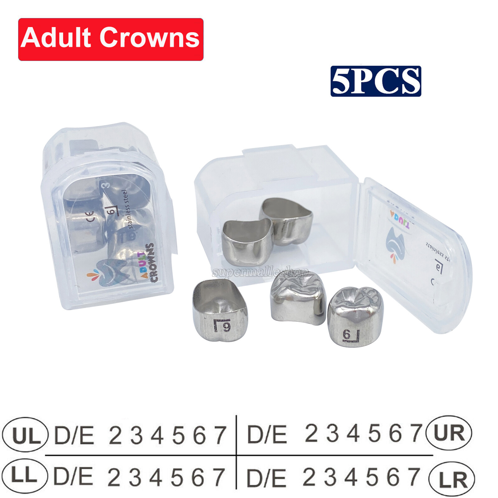 5/Pk DENTAL STAINLESS STEEL Permanent Molar Adult CROWN Kit & Refills All Sizes
