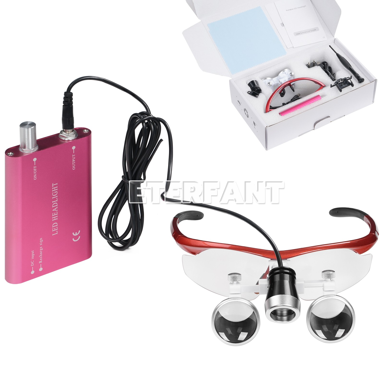 ETERFANT Dental Magnifier Medical Binocular Loupes Red+3W LED Head Light Lamp