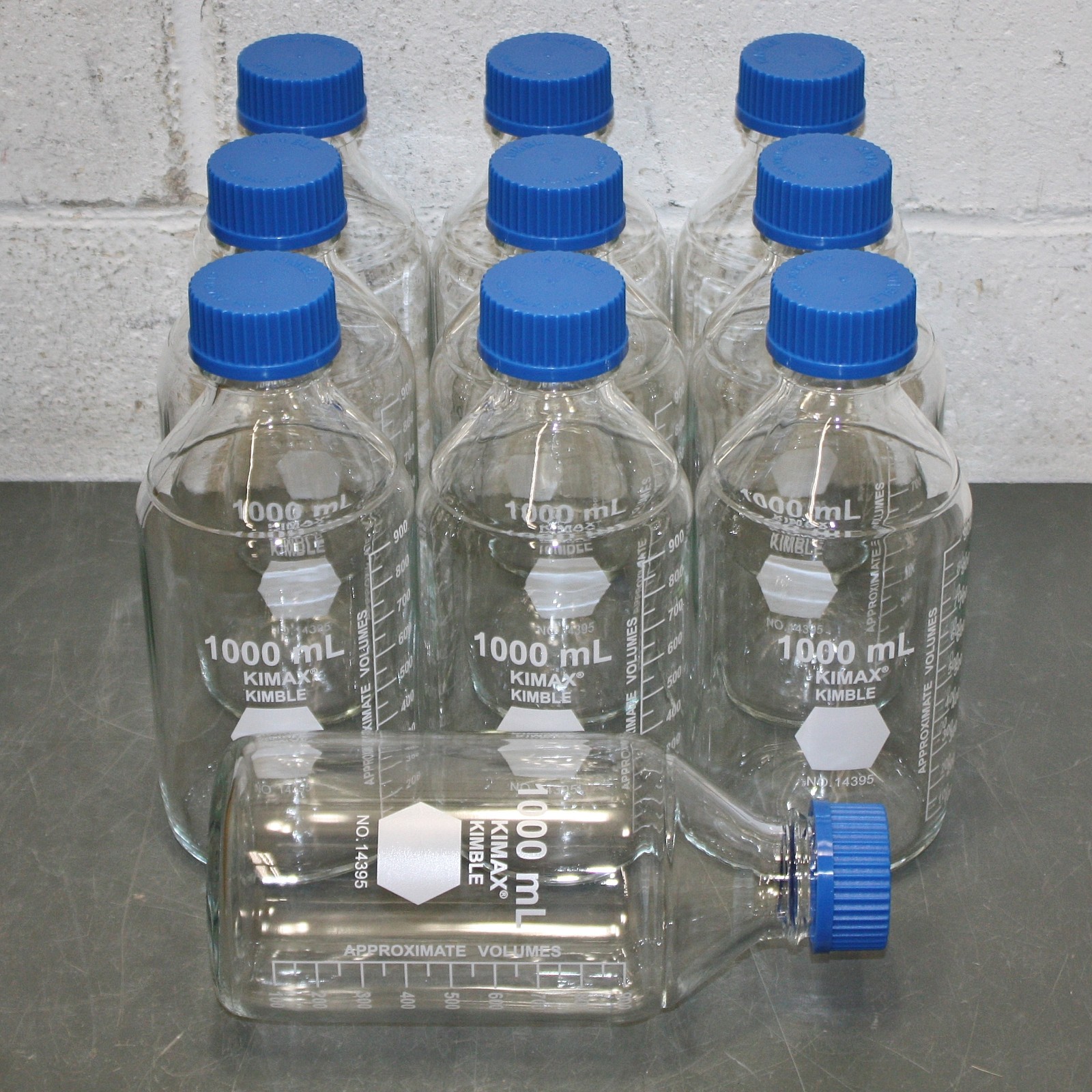 (10) Kimble Media Bottles 14395-1000, 1L / 1000mL, Borosilicate Glass, GL45 Cap