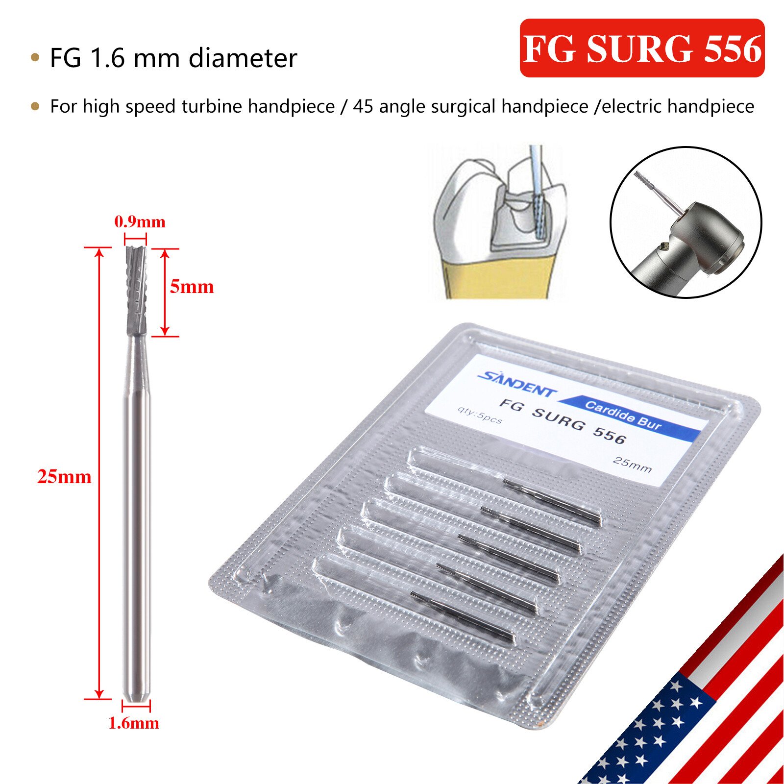 Dental Surgical Length Bur Tungsten Carbide 25mm FG SURG 556 straight fissure DL