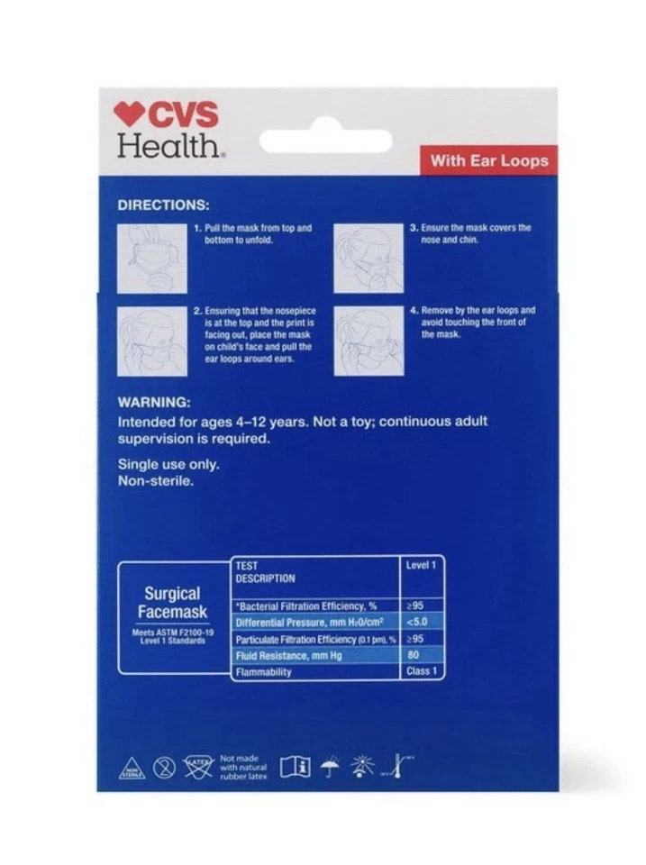 Children’s Medical Face Mask 4 Layer, CVS, 20 ct., Ages 4-12. Free Shipping