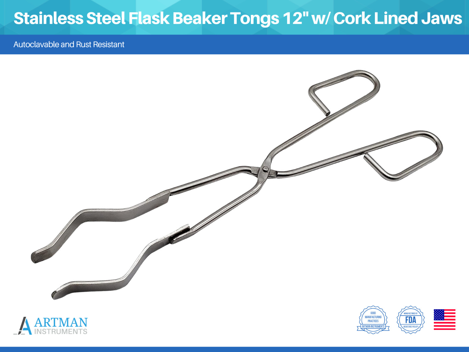 Stainless Steel Flask, Beaker Tongs (12″ Long) with Cork Lined Jaws ARTMAN