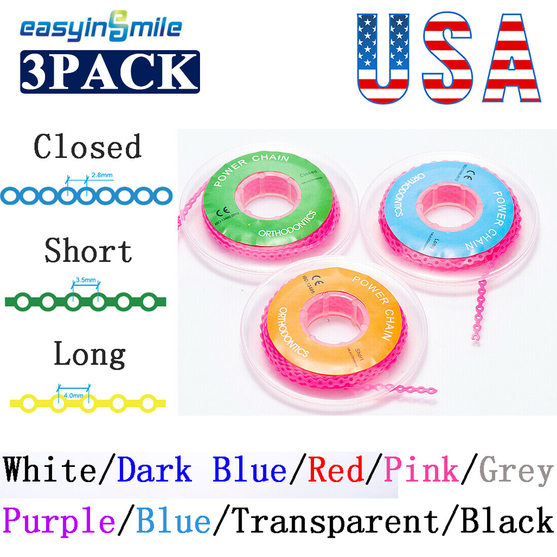 15 Feet Orthodontic Brace Power Chain Dental Elastic Ultra Spool Ring Roll 3Pack