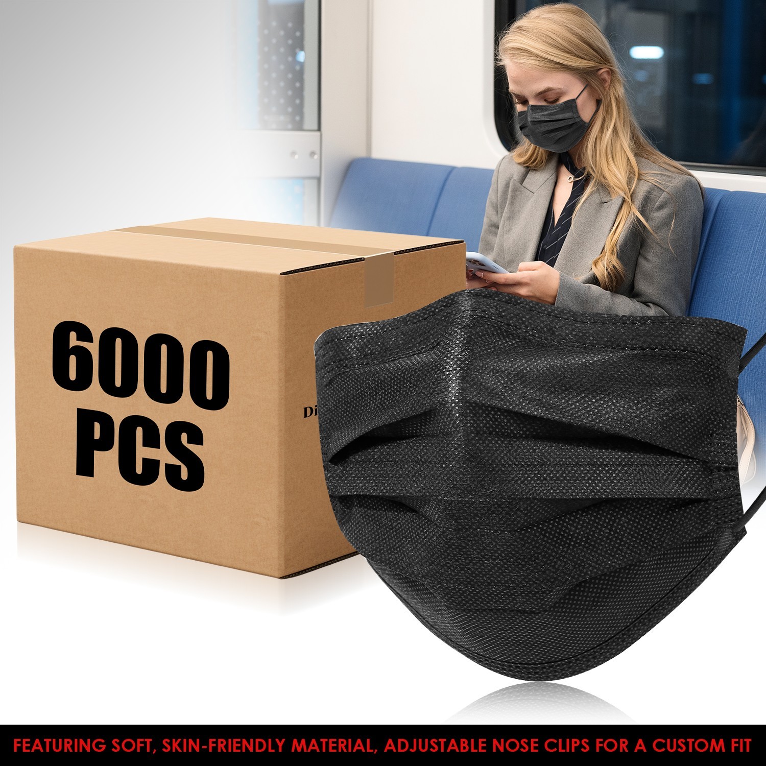 Case of 60 Boxes (6000Pcs) – Black Disposable Face Masks 3-Ply Earloop Cover