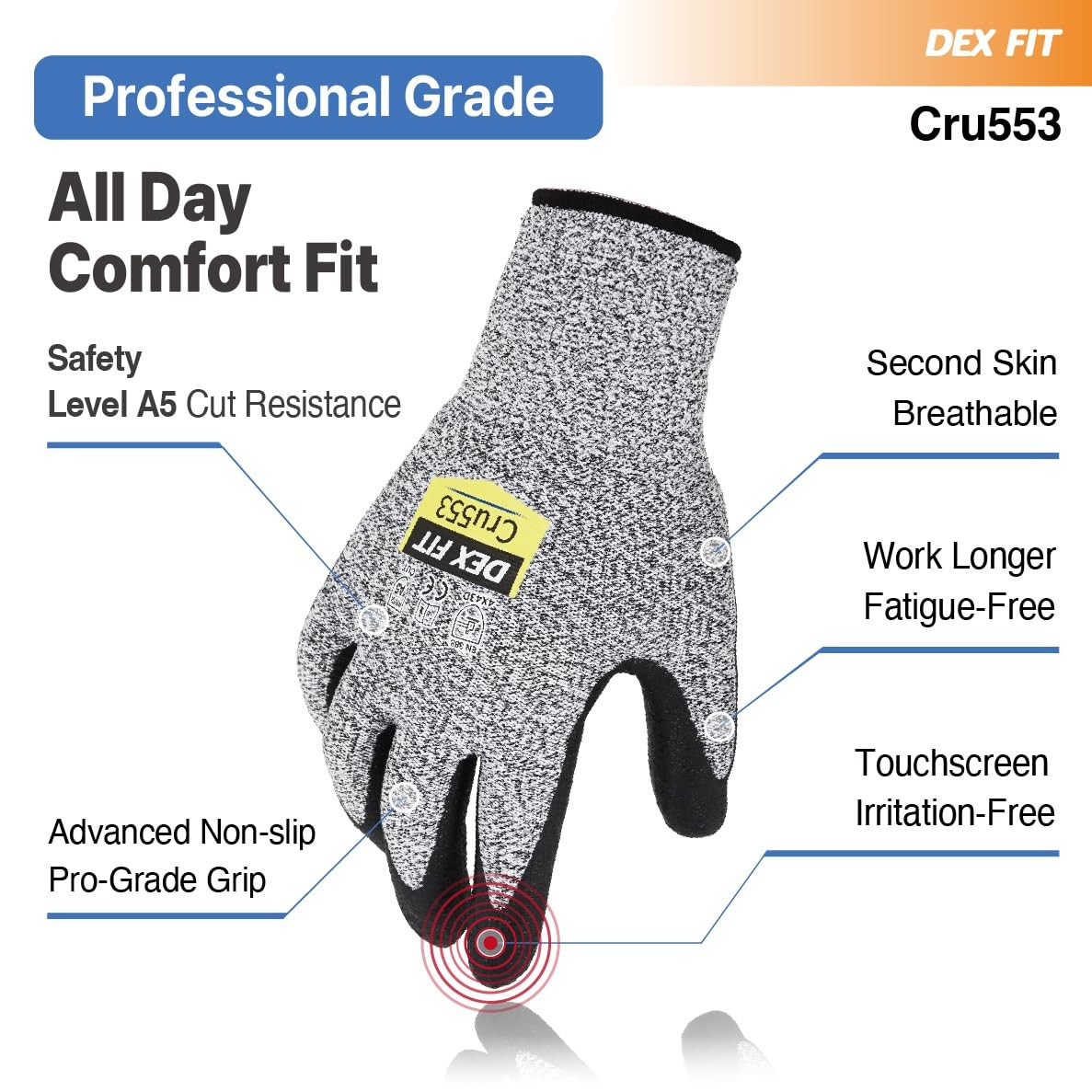 Dex Fit Level 5 Cut Resistant Gloves Cru553 3D-Comfort Fit Firm Grip