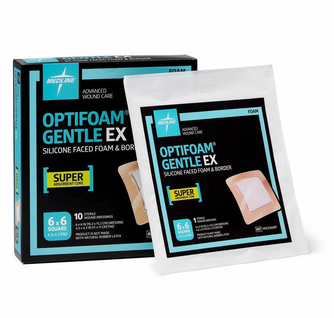 Medline Optifoam Gentle EX Bordered Foam Adhesive Dressing, 6″ x 6″ Square 10/BX