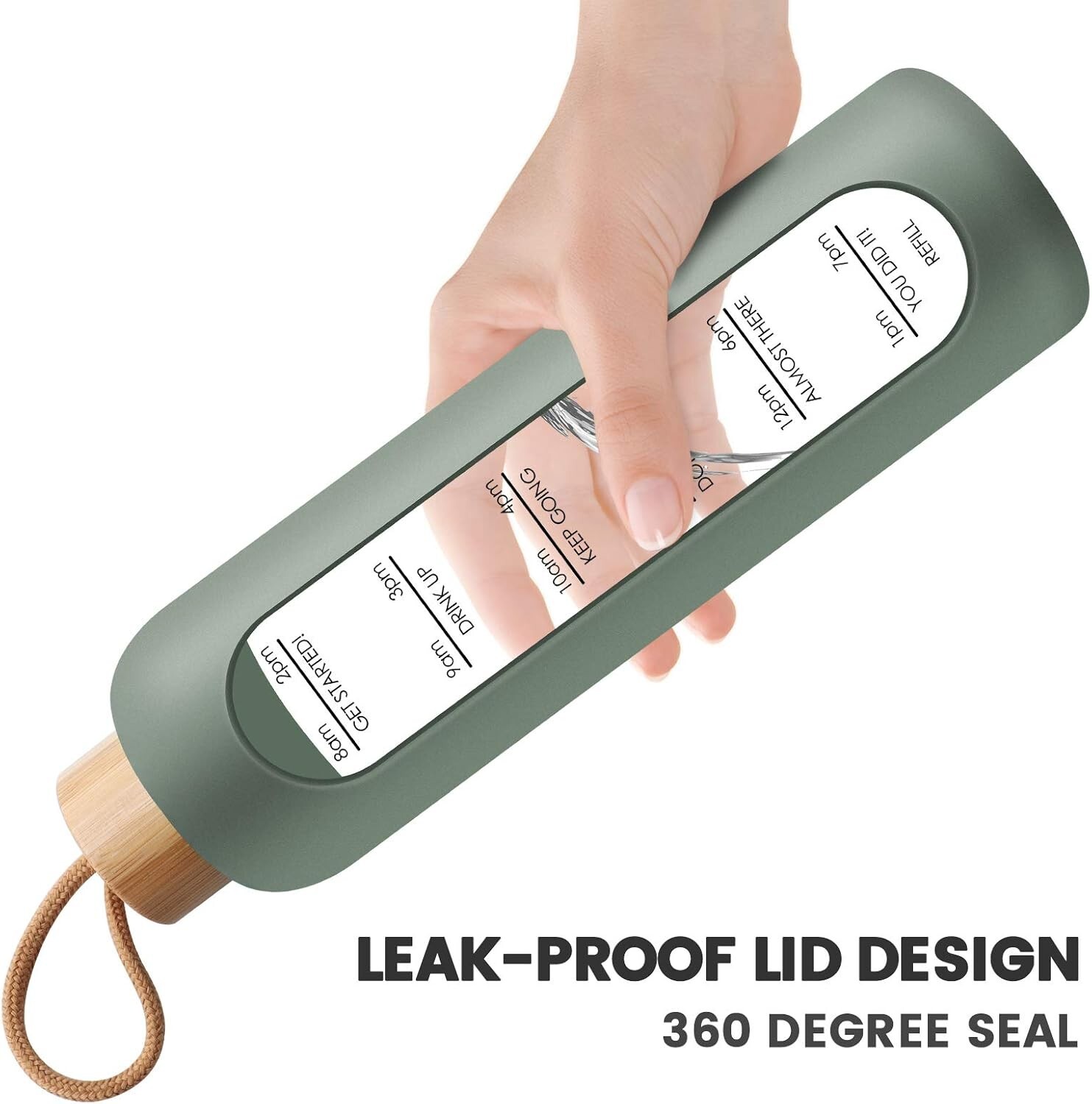 Eco-Friendly 32 Oz Glass Water Bottle with Time Markers & Silicon Sleeve – Olive
