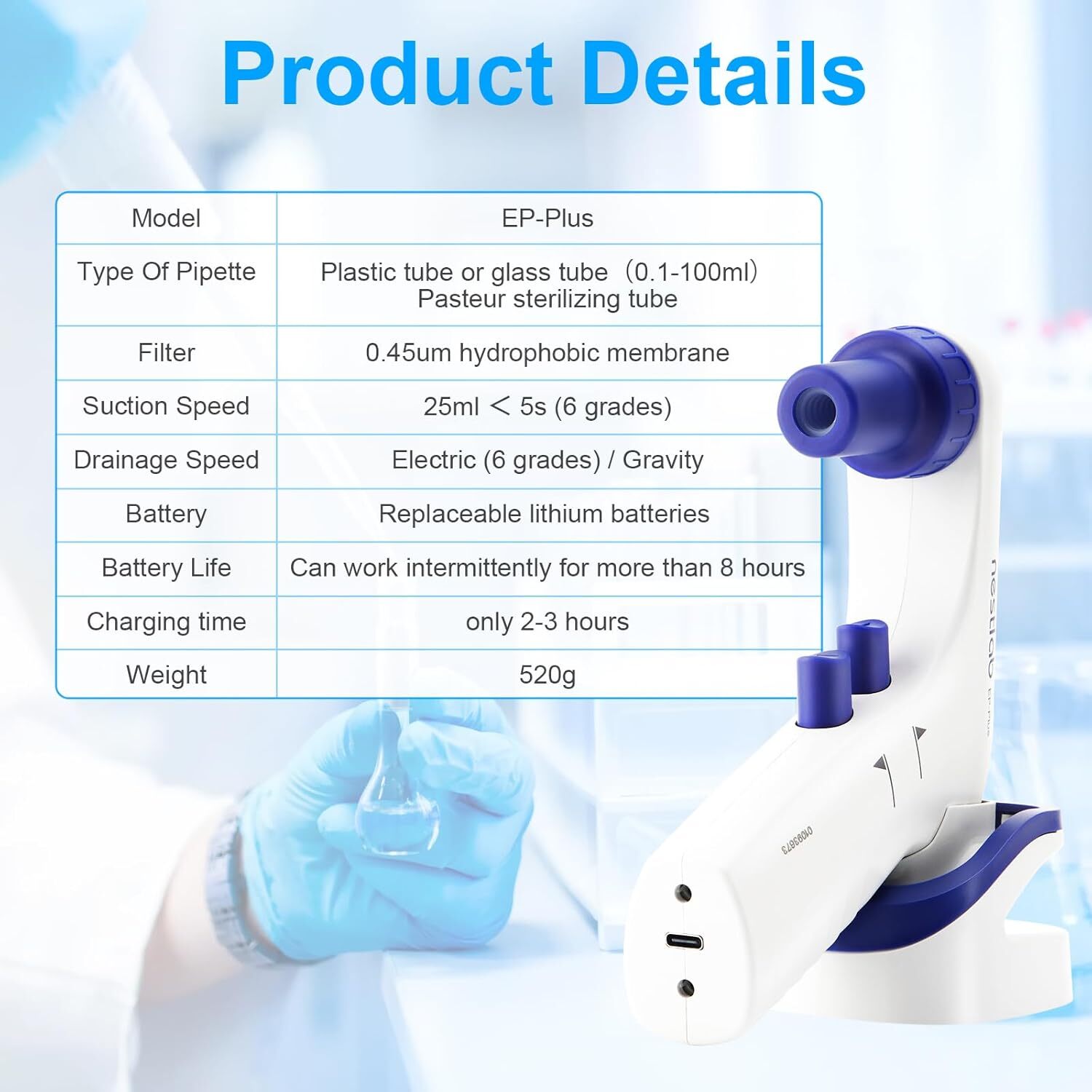 Lab Electric Pipette Controller 0.1-100ml Electronic Pipettor 6 Adjustable Speed