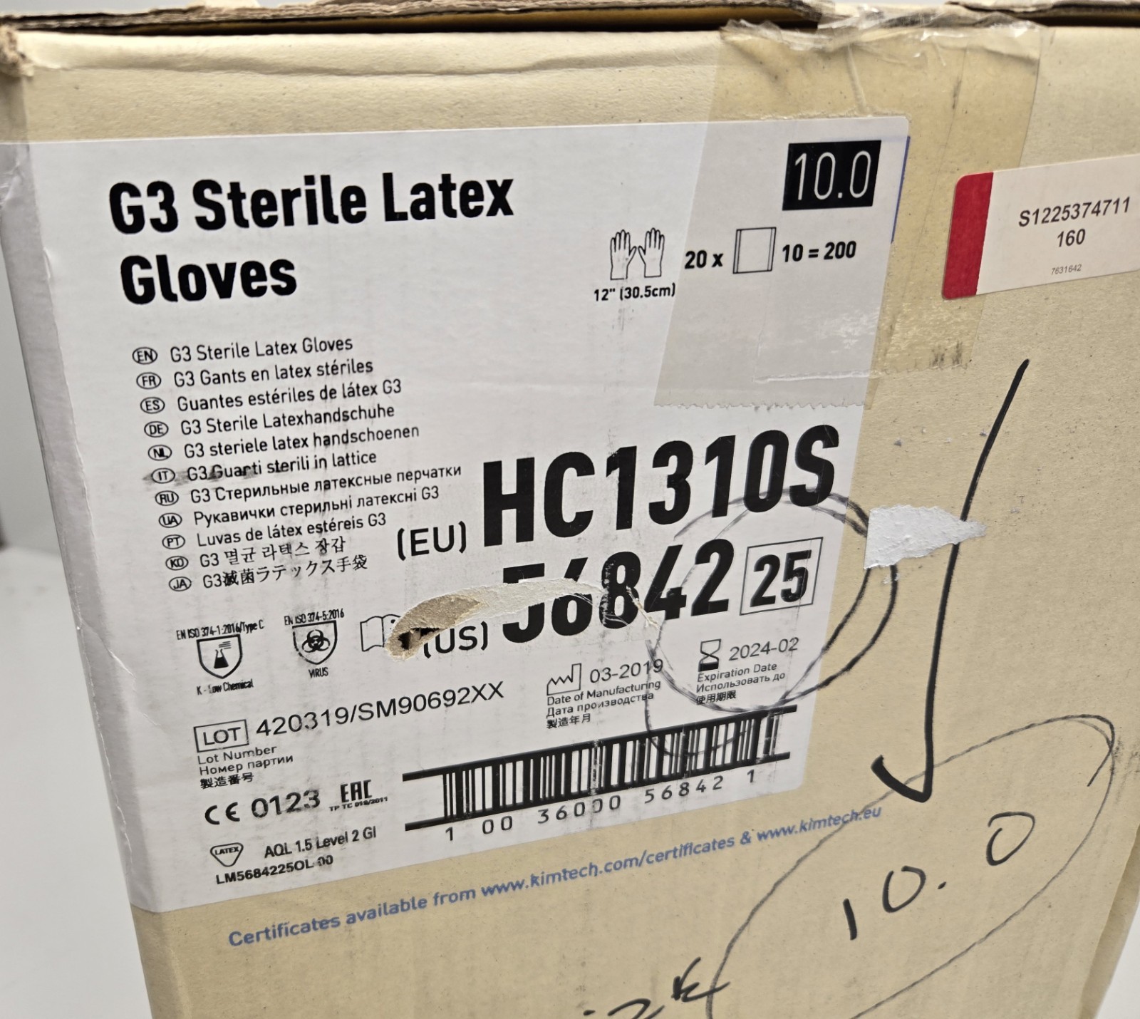 Kimtech 56842 G3 Sterile Latex Gloves Size 10 12″ long (box 200 pair) HC1310S