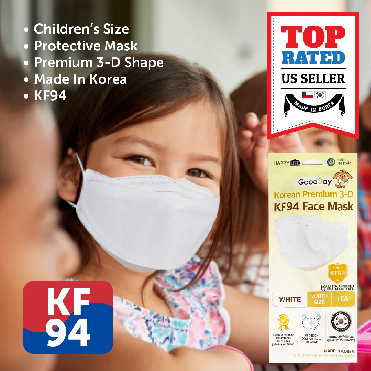 5 Pack KF94 WHITE Protective Face Mask Kids Children Made in Korea KFDA Approved