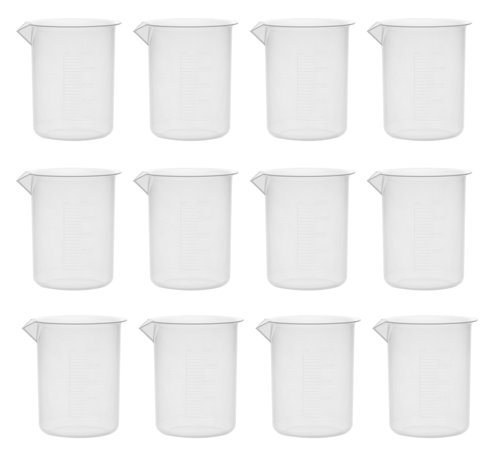 Eisco Labs 250ml Polypropylene Plastic Beakers, Raised Graduations – 12 Pack