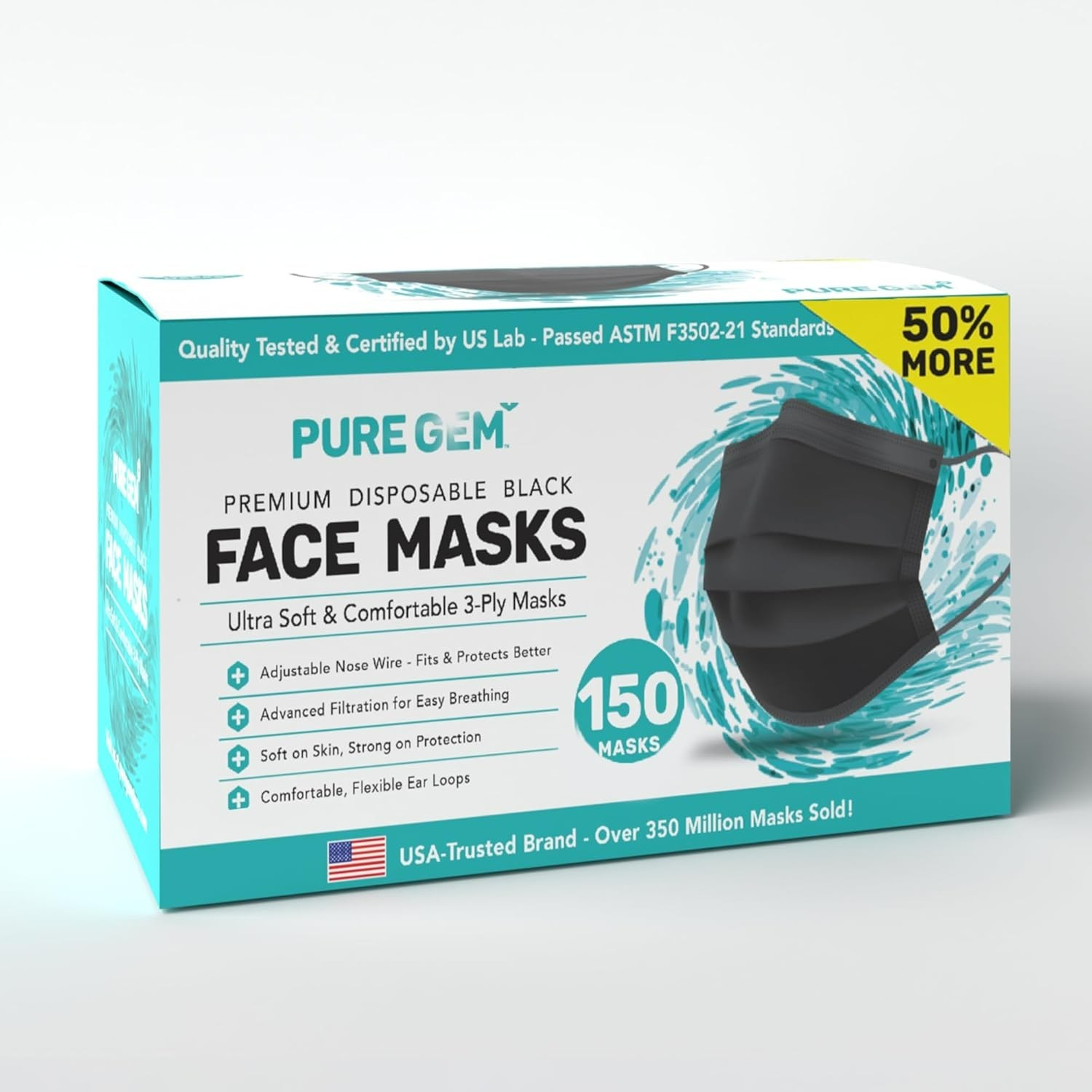 [Pack Of 150] Black Disposable Face Mask, 3-Ply Adult Masks, Facial Cover with E