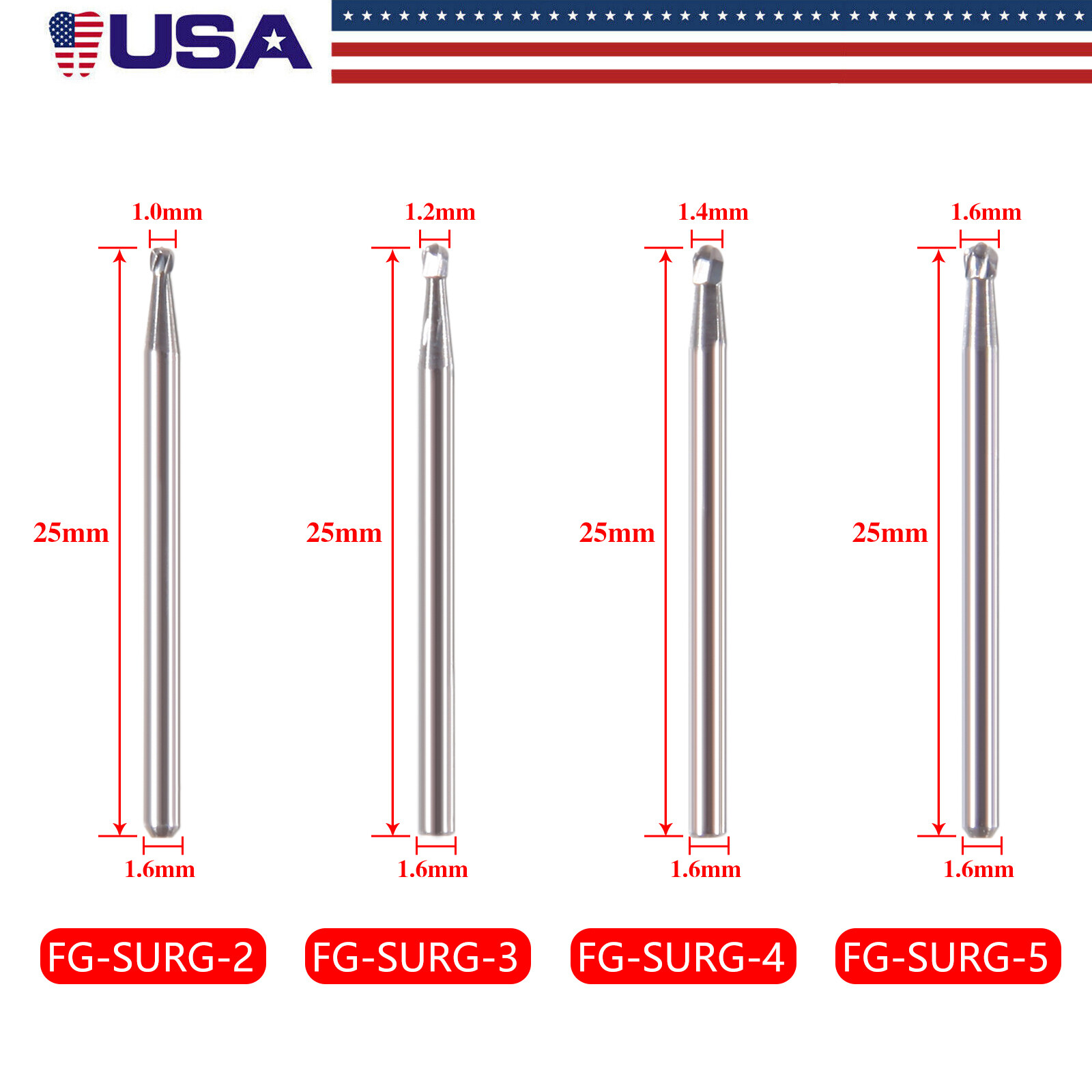 FG SURG 25mm Dental Tungsten Carbide Round Bur Head 1.0mm 1.2mm 1.4mm 1.6mm OR