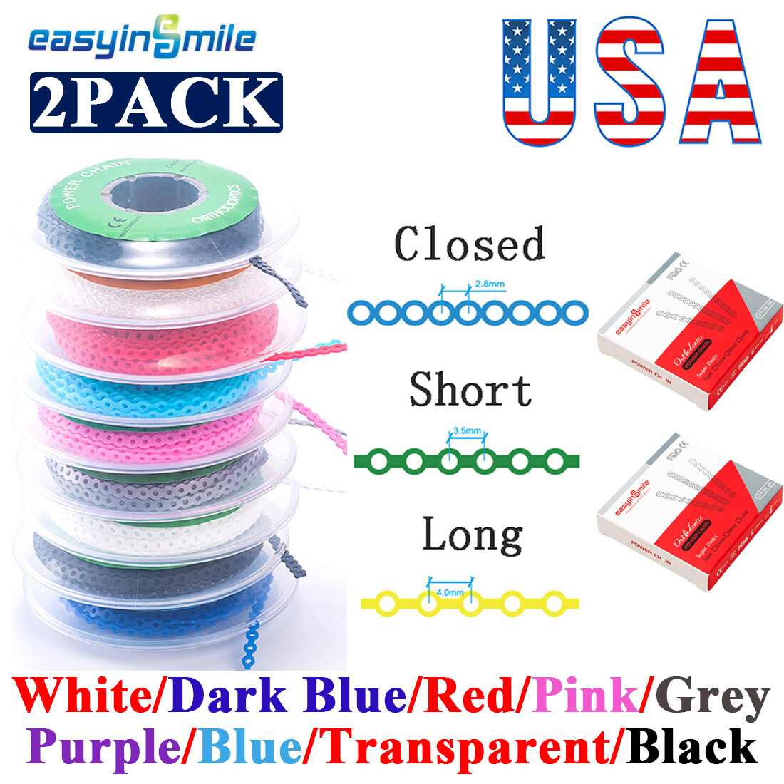2Pack Dental Ortho Chains Power Chains Super Elastic Closed/Short/Long For Brace