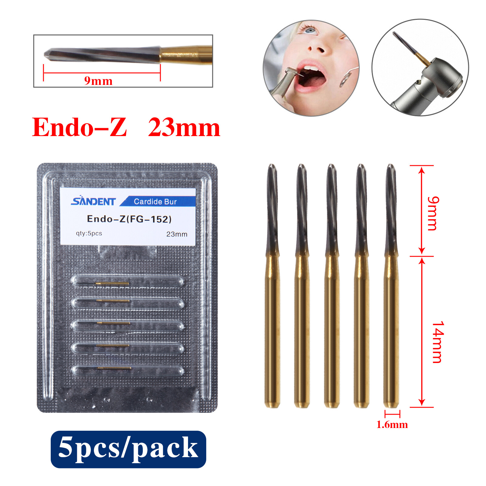 Endo-Z Bur Dental Carbide Tungsten SANDENT 1.4*23mm Surgical Cutter 5Pcs DL
