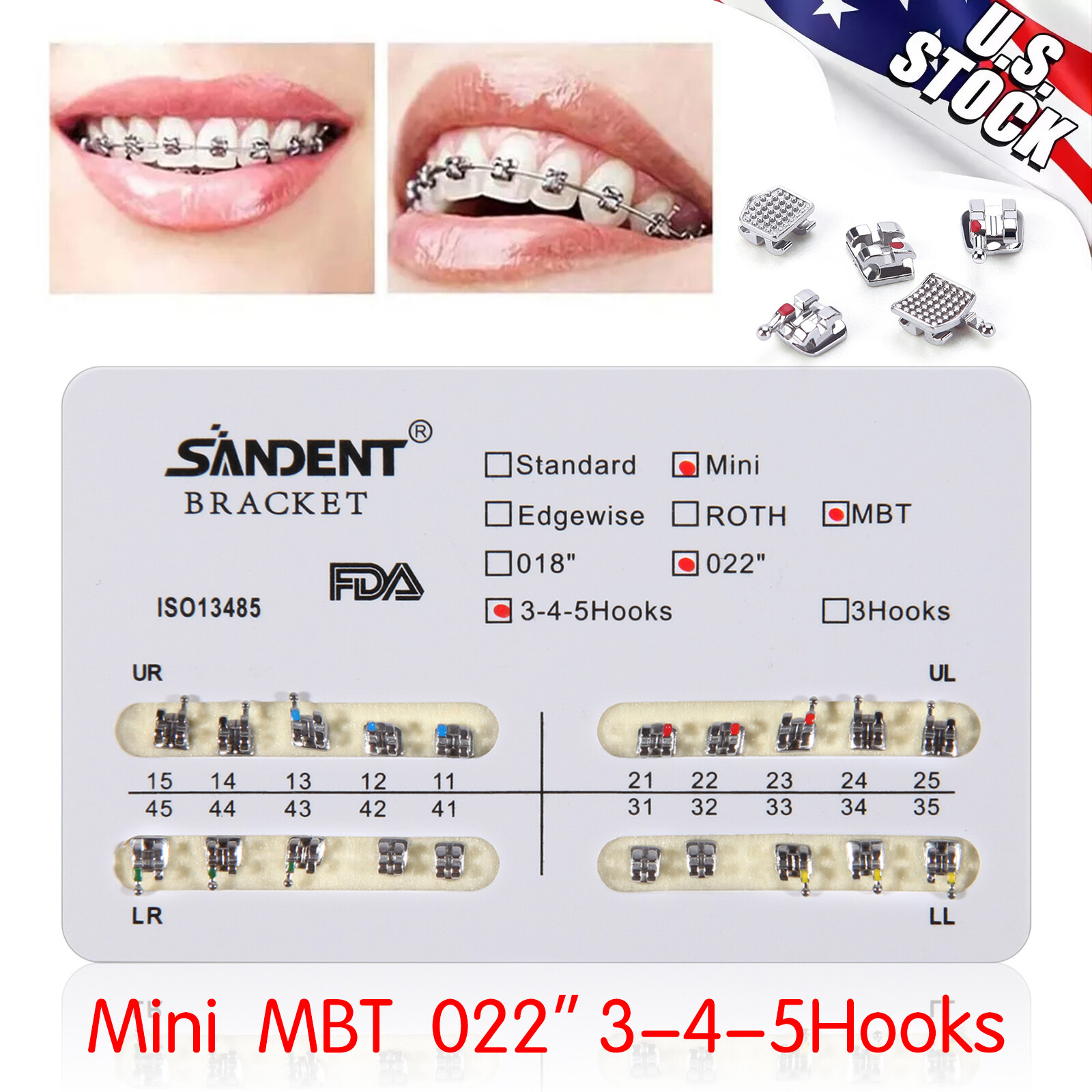 10X Dental Orthodontic Metal Brackets Braces Mini MBT Slot.022 345 Hooks ARCH