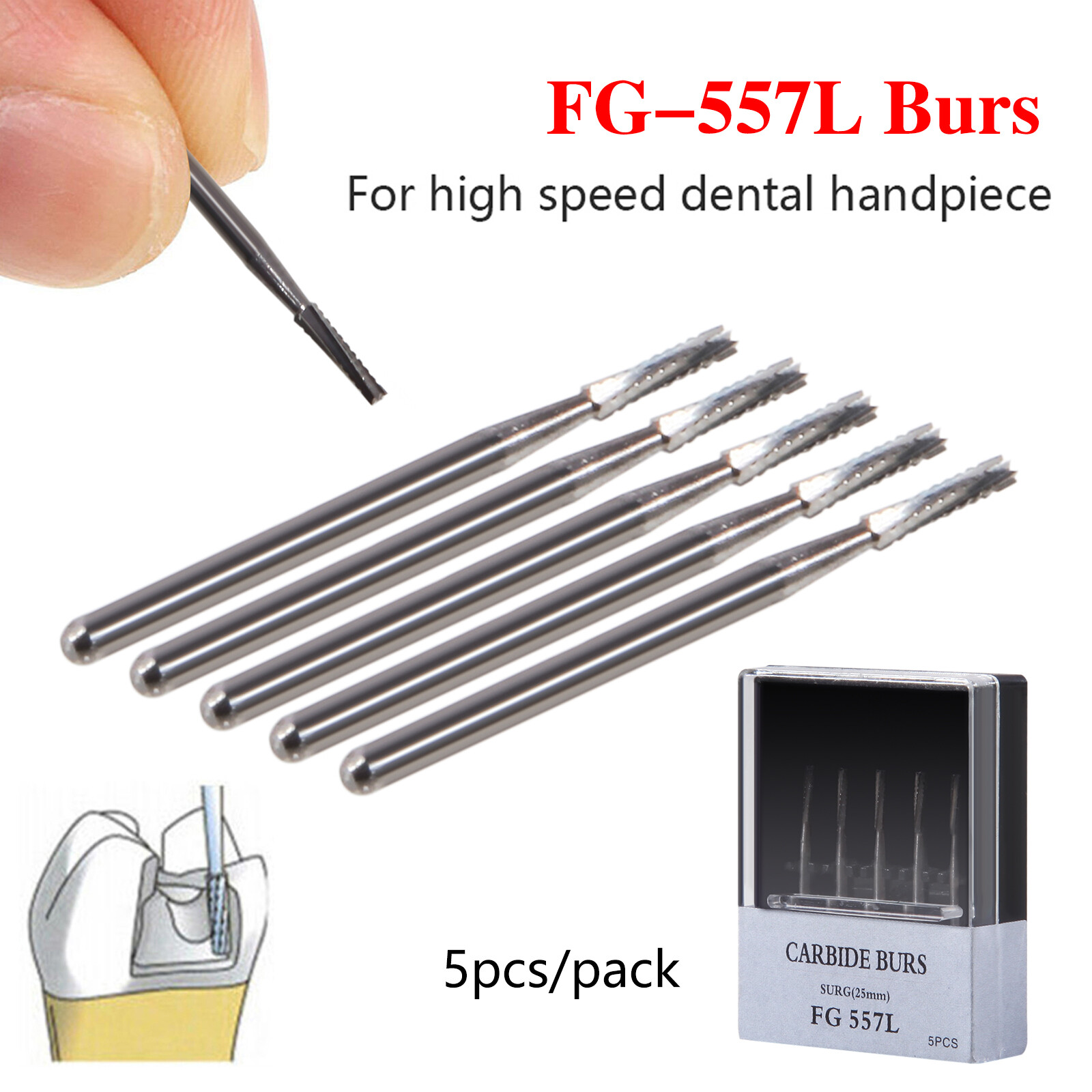 5PCS Carbide Surgical Burs FG 557L SURG 25mm Bur for High Speed Dental Handpiece