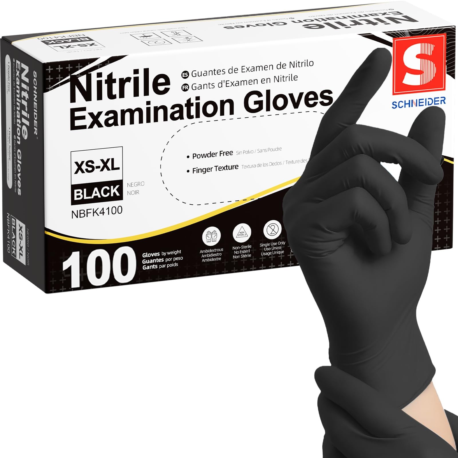 Schneider Black Nitrile Exam Gloves, Box of 100, Large, 03 Black(large 100)