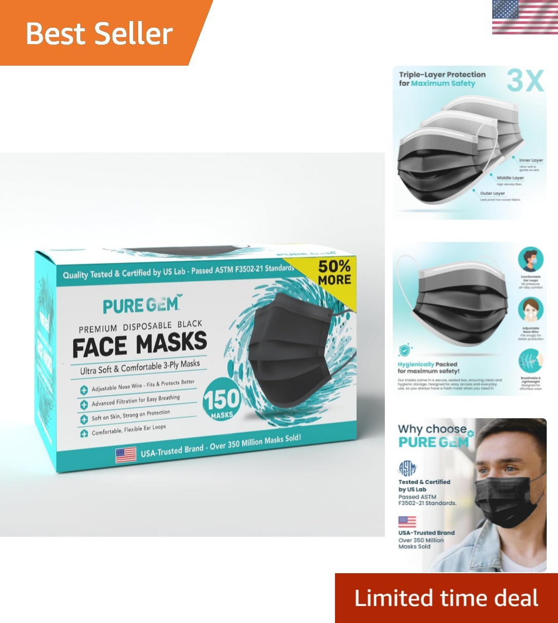 Pack Of 150] Black Disposable Face Mask, 3-Ply Adult Masks, Facial Cover with…