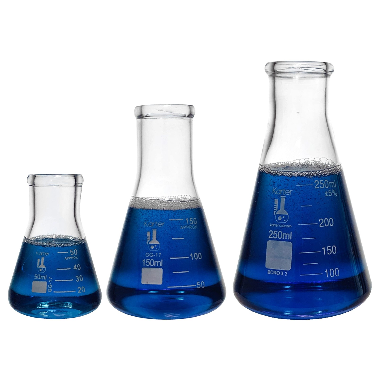 Karter Scientific 5pc Erlenmeyer Flask Set Borosilicate 50ml-1L Narrow